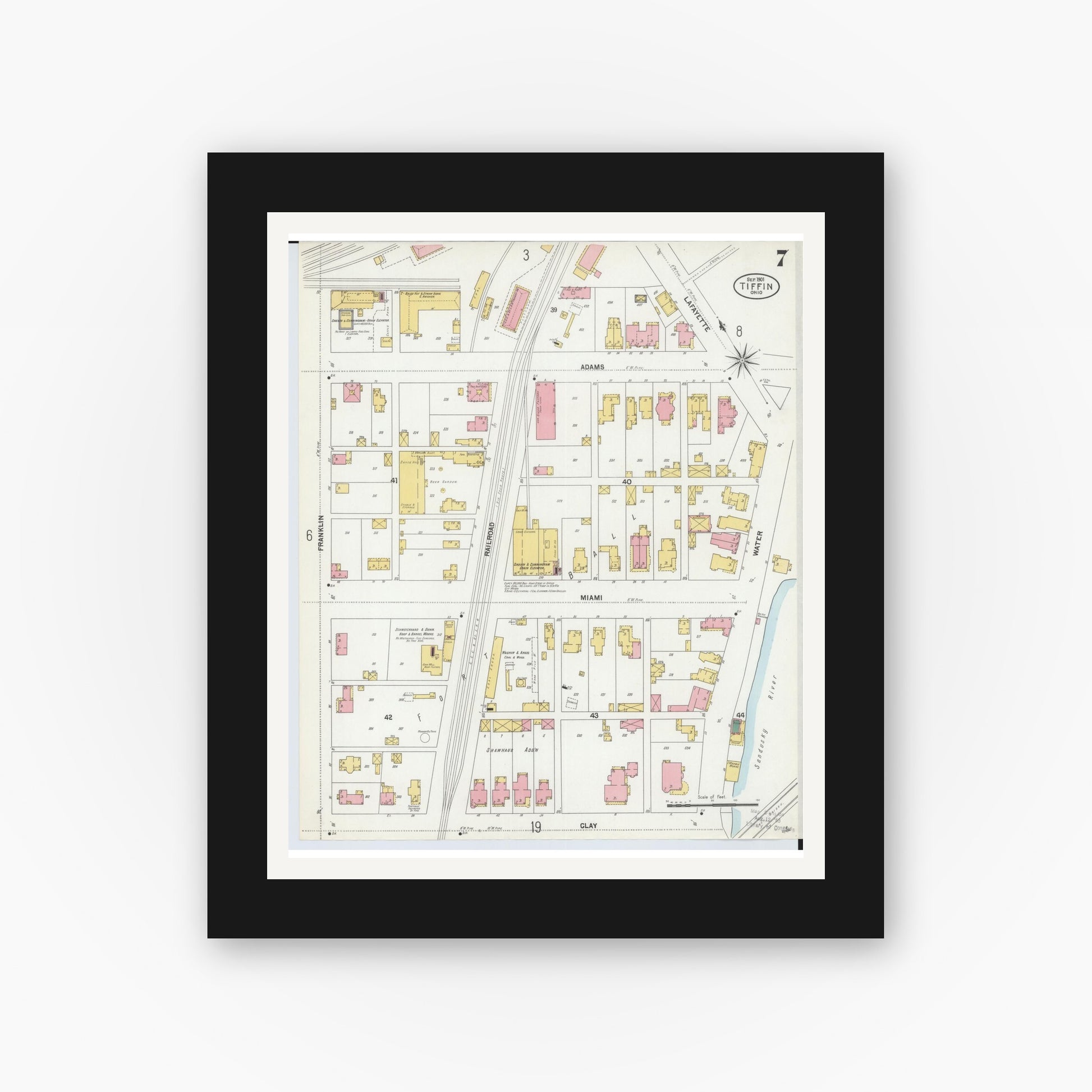 Old map wall art mockup — black gallery frame with white mat — Sanborn Fire Insurance Map from Tiffin, Seneca County, Ohio (1901), Sheet #0007