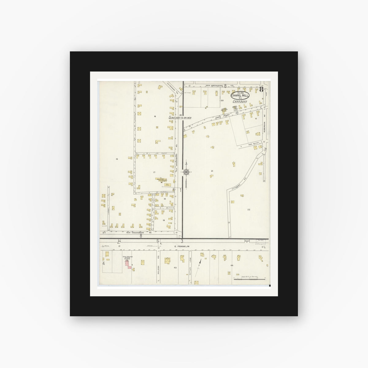 Old map wall art mockup — black gallery frame with white mat — Sanborn Fire Insurance Map from Chapel Hill, Orange County, North Carolina (1915), Sheet #0008