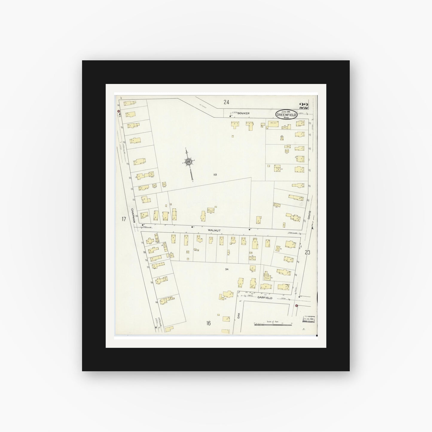 Old map wall art mockup — black gallery frame with white mat — Sanborn Fire Insurance Map from Greenfield, Franklin County, Massachusetts (1914), Sheet #0022