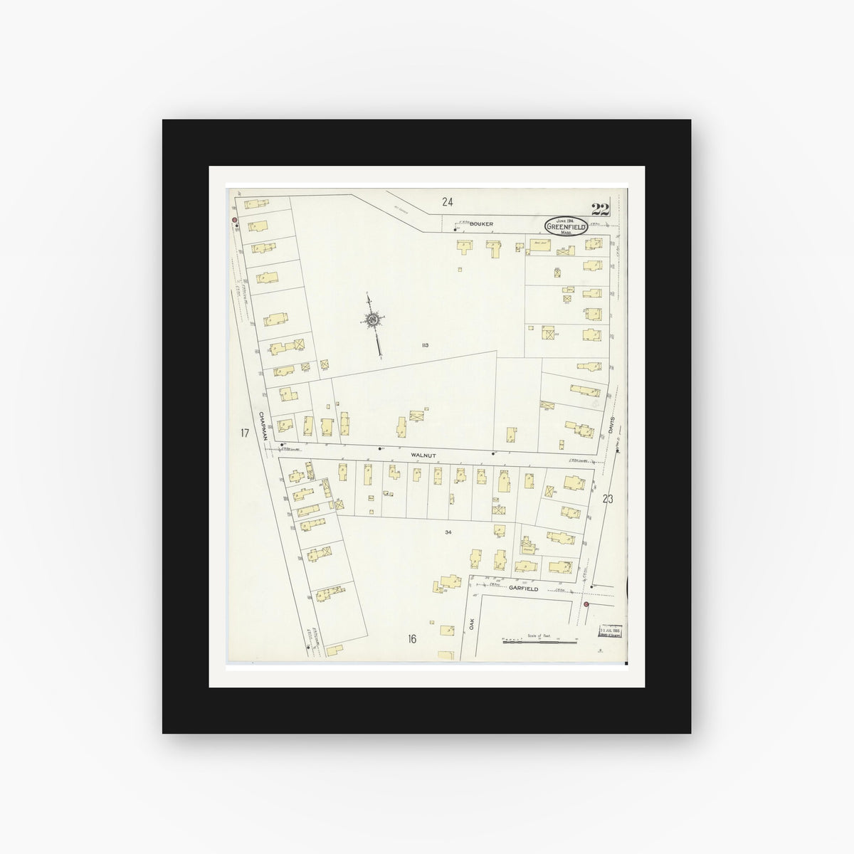 Old map wall art mockup — black gallery frame with white mat — Sanborn Fire Insurance Map from Greenfield, Franklin County, Massachusetts (1914), Sheet #0022