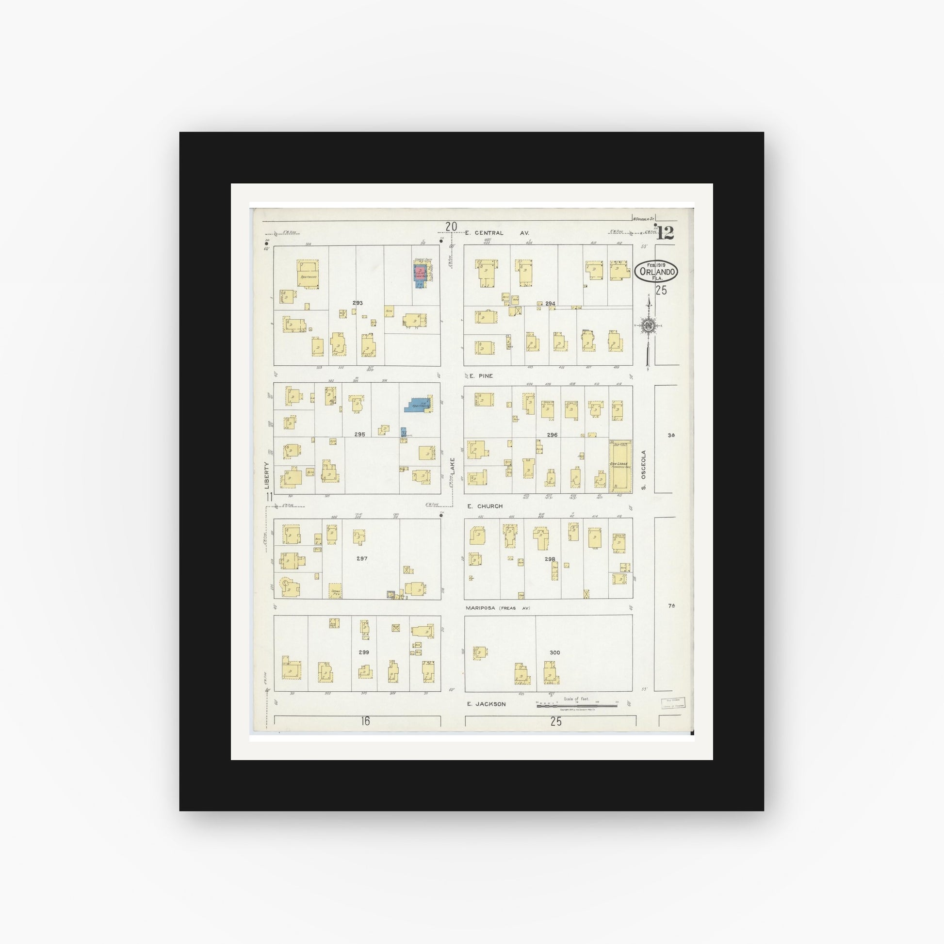 Old map wall art mockup — black gallery frame with white mat — Sanborn Fire Insurance Map from Orlando, Orange County, Florida (1919), Sheet #0012