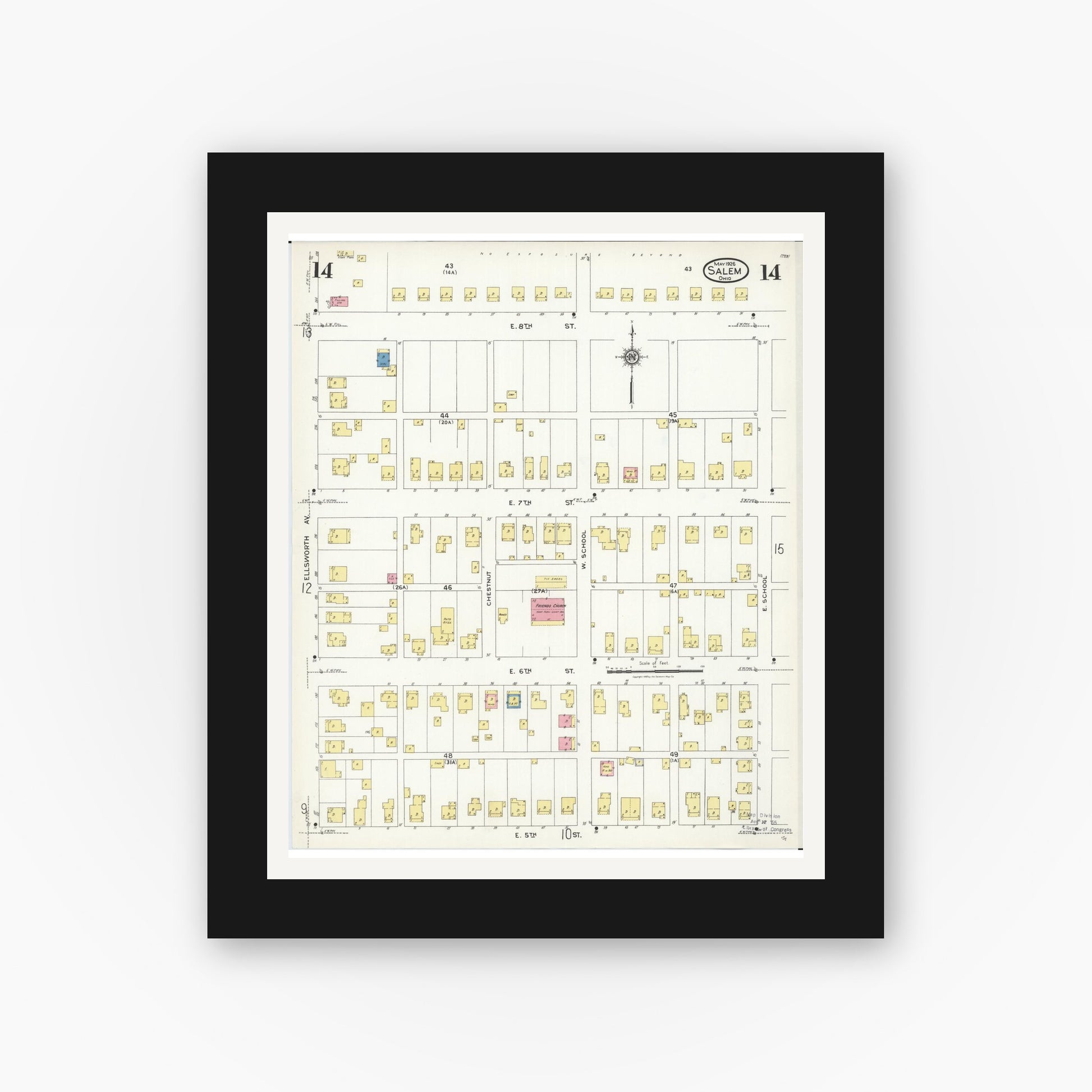 Old map wall art mockup — black gallery frame with white mat — Sanborn Fire Insurance Map from Salem, Columbiana County, Ohio (1926), Sheet #0014