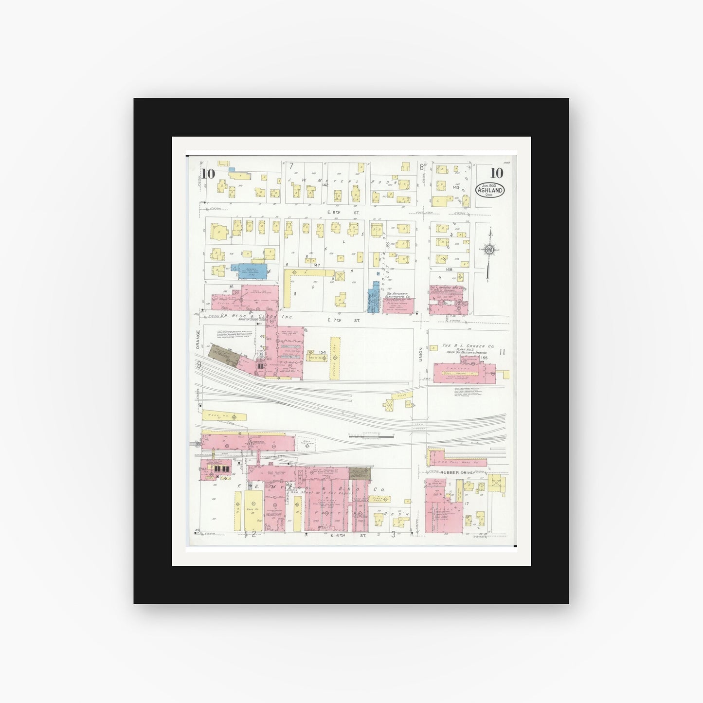 Old map wall art mockup — black gallery frame with white mat — Sanborn Fire Insurance Map from Ashland, Ashland County, Ohio (1930), Sheet #0010
