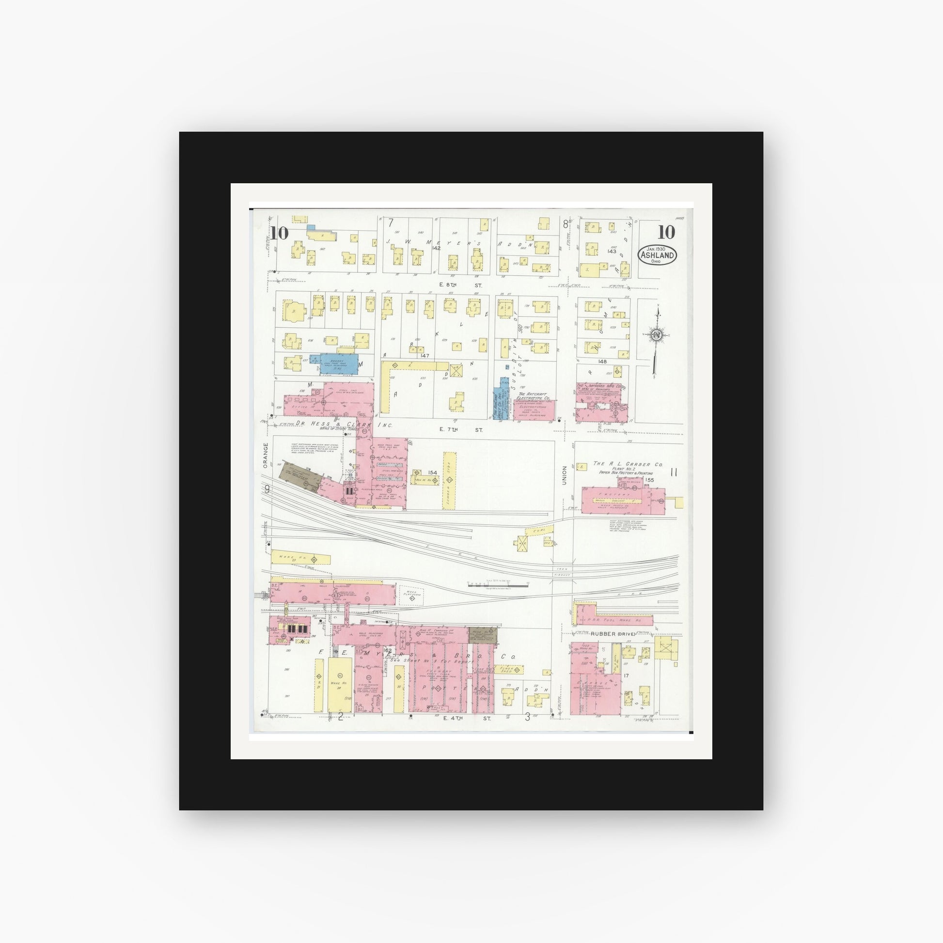 Old map wall art mockup — black gallery frame with white mat — Sanborn Fire Insurance Map from Ashland, Ashland County, Ohio (1930), Sheet #0010