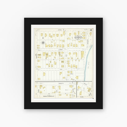 Old map wall art mockup — black gallery frame with white mat — Sanborn Fire Insurance Map from West Palm Beach, Dade County, Florida (1908), Sheet #0004