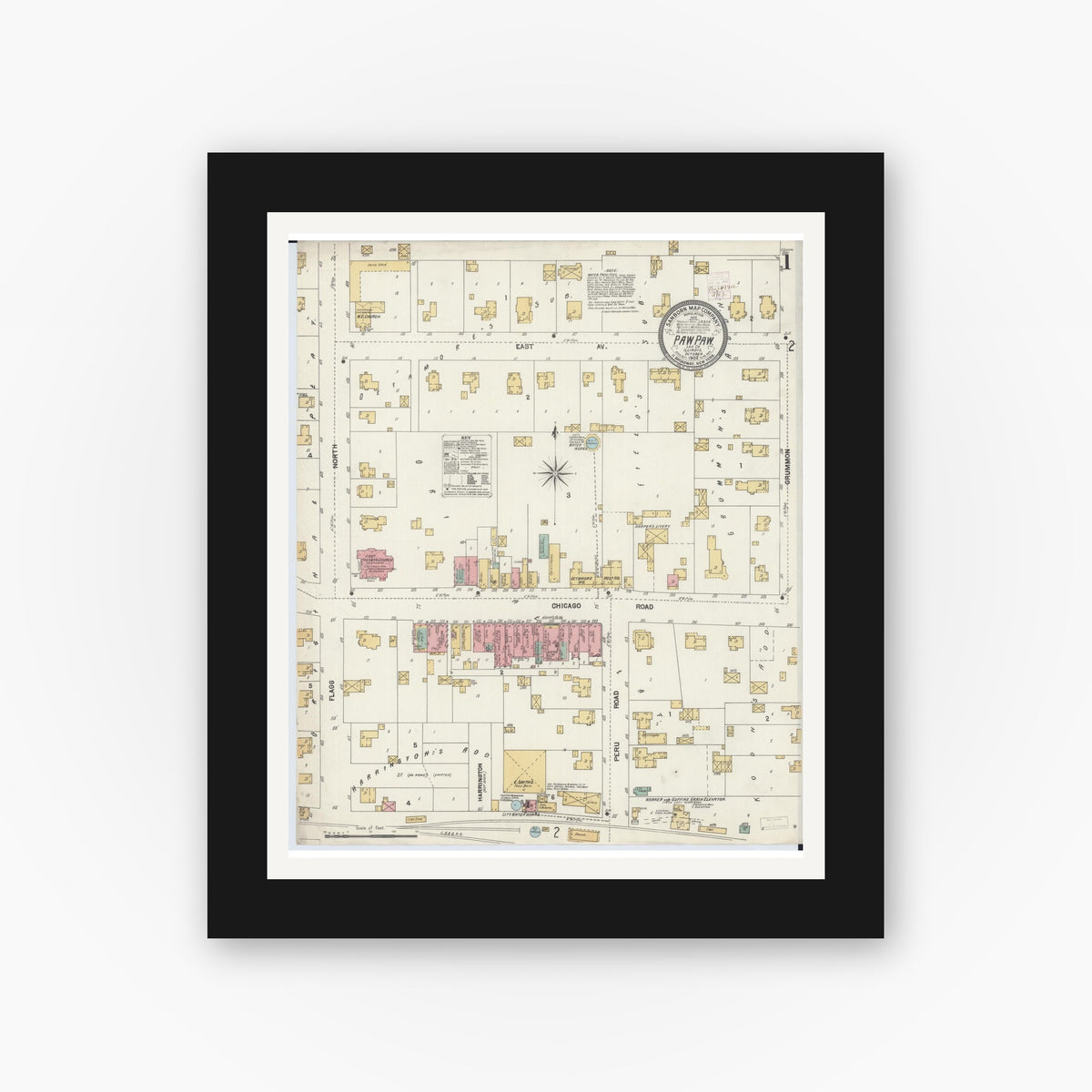 Old map wall art mockup — black gallery frame with white mat — Sanborn Fire Insurance Map from Paw Paw, Lee County, Illinois (1902) - Complete Map Set