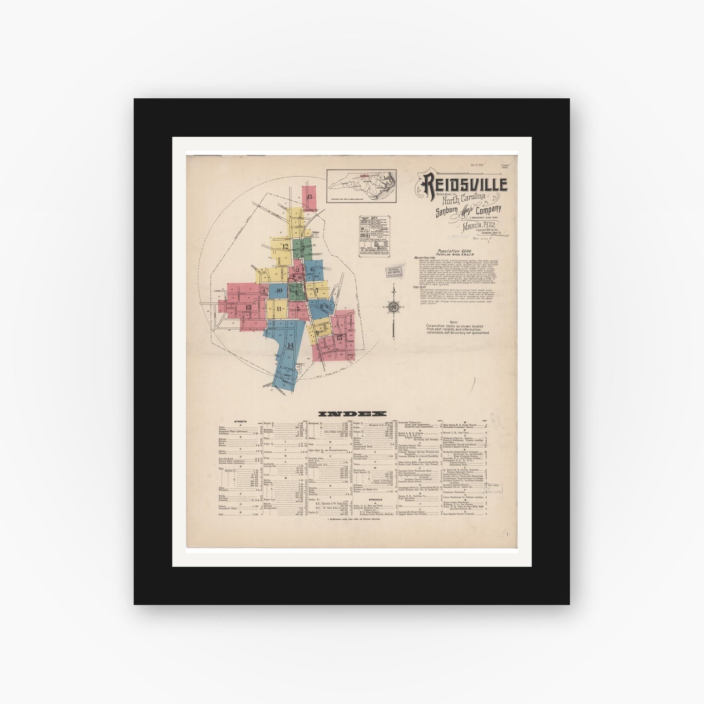 Old map wall art mockup — black gallery frame with white mat — Sanborn Fire Insurance Map from Reidsville, Rockingham County, North Carolina (1922) - Complete Map Set