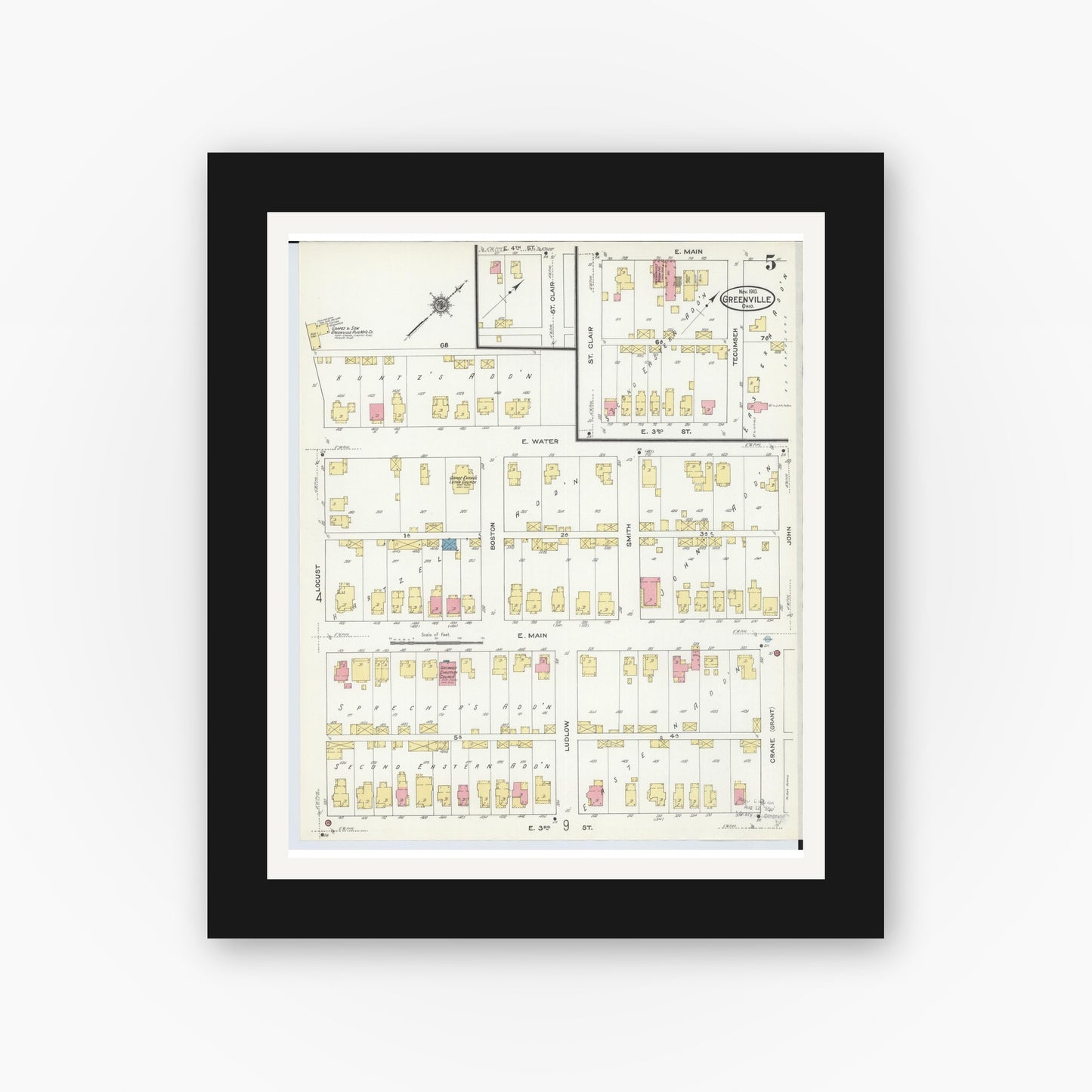 Old map wall art mockup — black gallery frame with white mat — Sanborn Fire Insurance Map from Greenville, Darke County, Ohio (1910), Sheet #0005