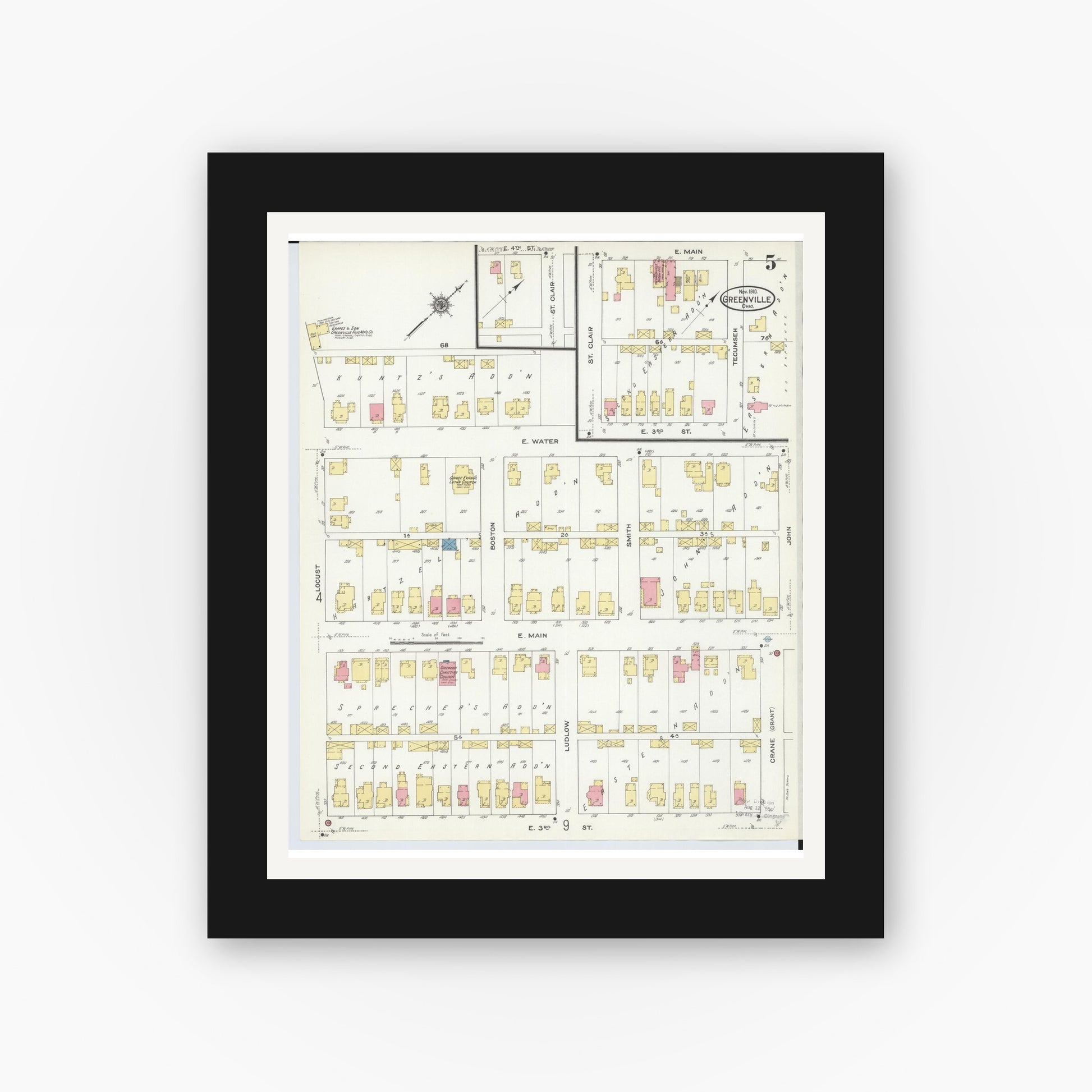 Old map wall art mockup — black gallery frame with white mat — Sanborn Fire Insurance Map from Greenville, Darke County, Ohio (1910), Sheet #0005