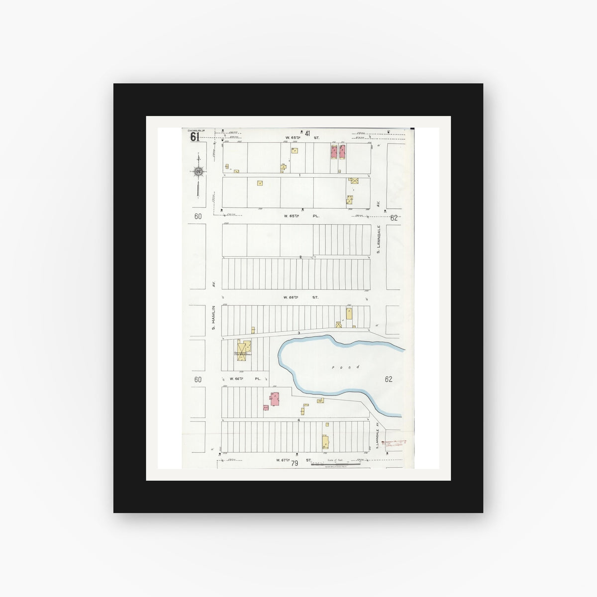 Old map wall art mockup — black gallery frame with white mat — Sanborn Fire Insurance Map from Chicago, Cook County, Illinois (1920), Sheet #0061