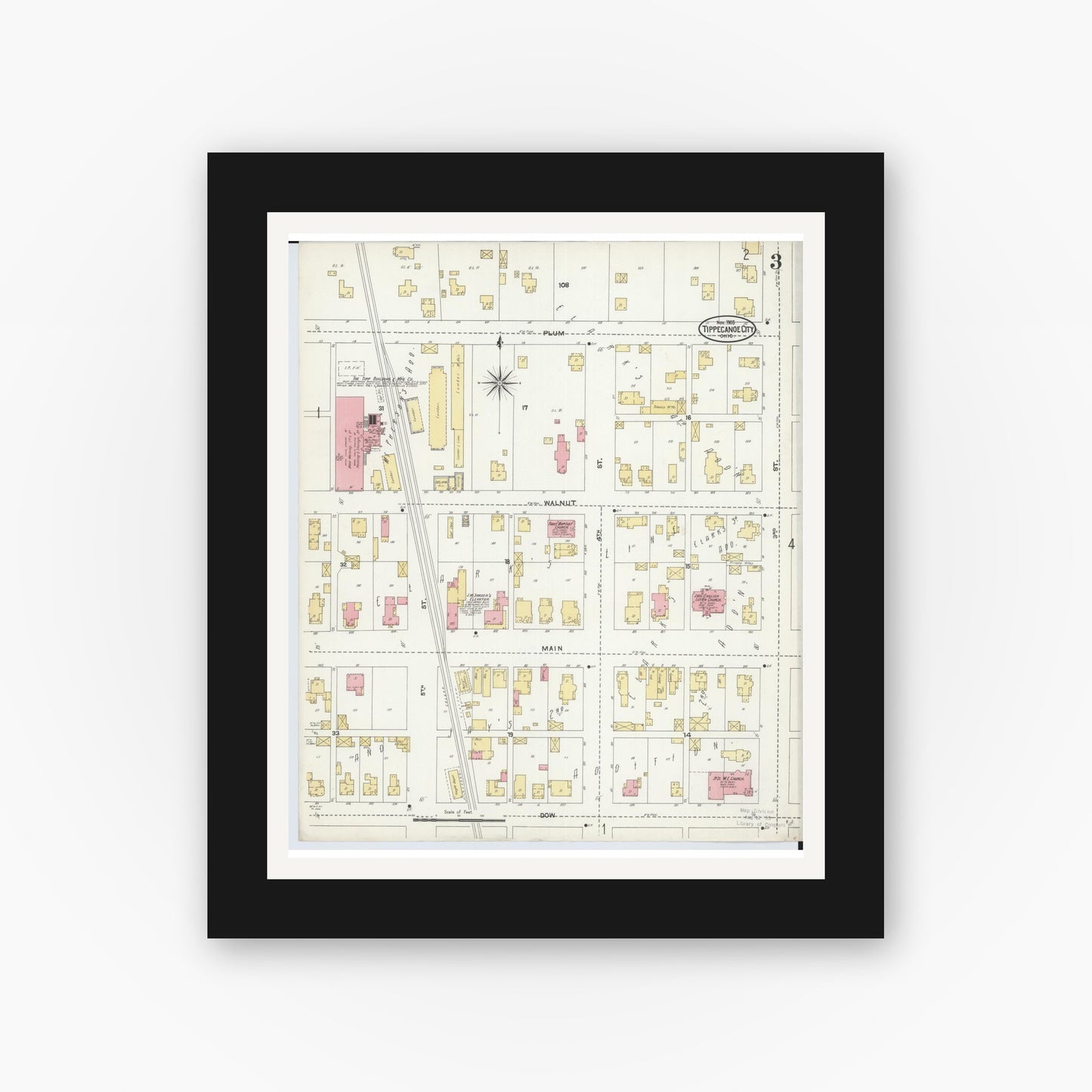 Old map wall art mockup — black gallery frame with white mat — Sanborn Fire Insurance Map from Tipp City, Miami County, Ohio (1905), Sheet #0003