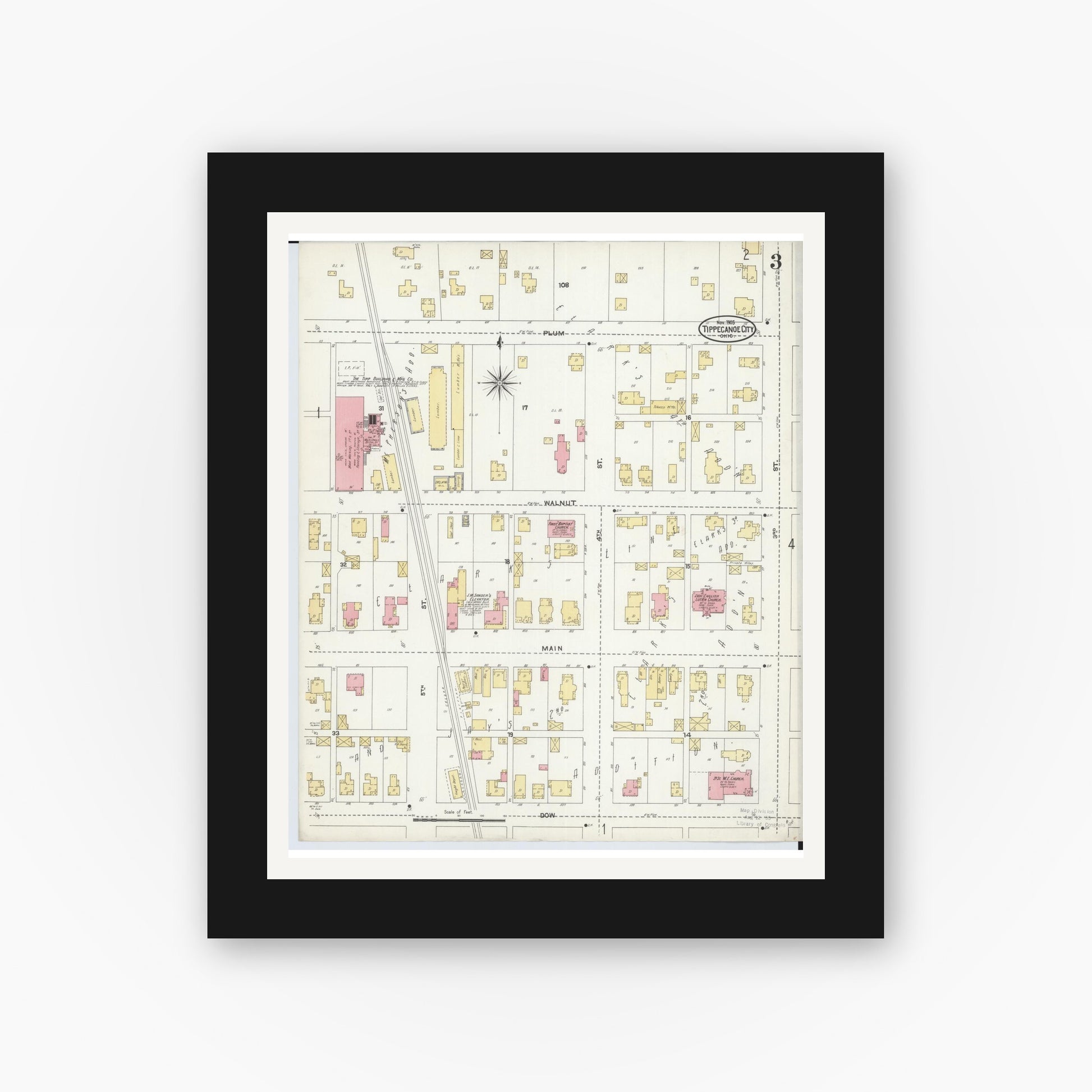 Old map wall art mockup — black gallery frame with white mat — Sanborn Fire Insurance Map from Tipp City, Miami County, Ohio (1905), Sheet #0003