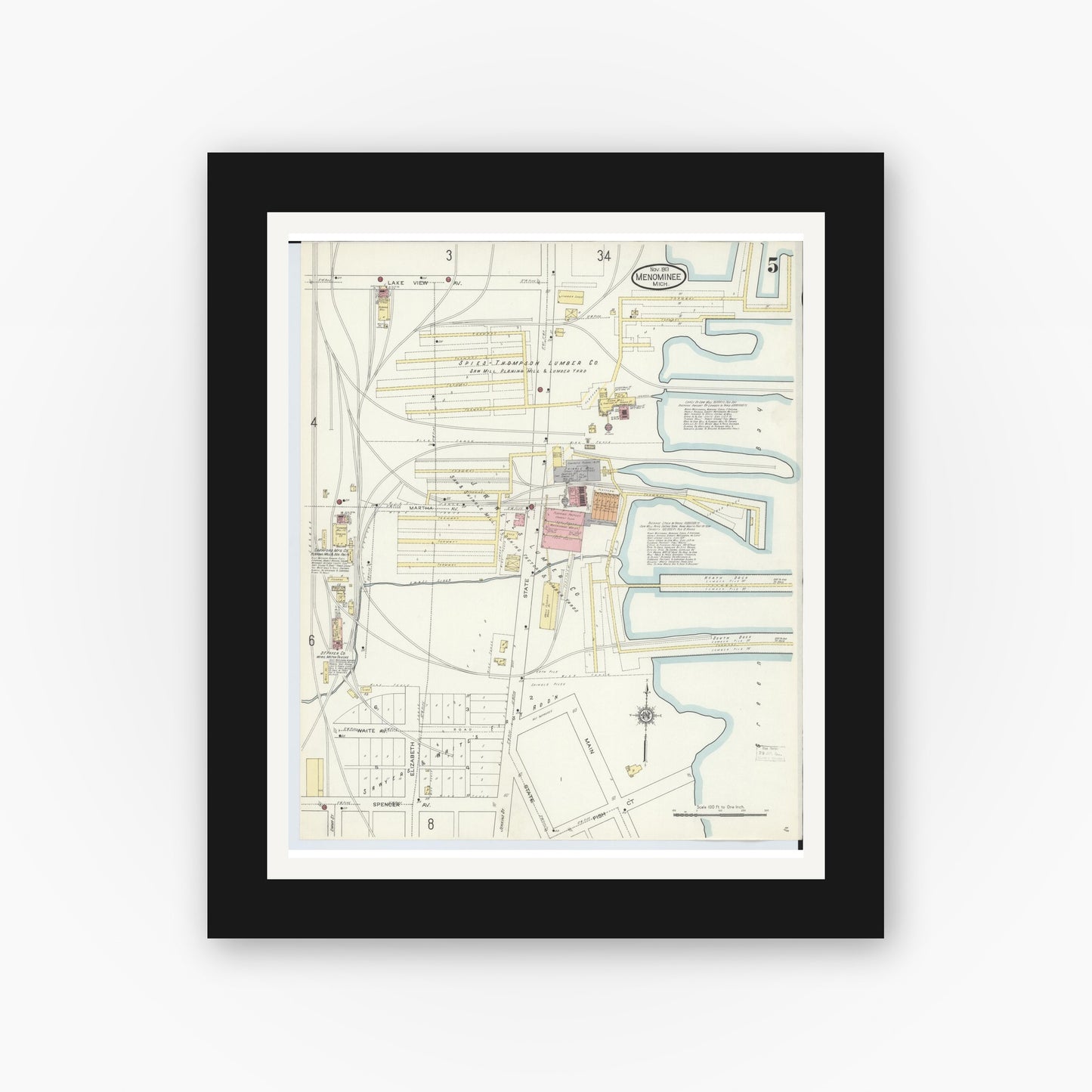 Old map wall art mockup — black gallery frame with white mat — Sanborn Fire Insurance Map from Menominee, Menominee County, Michigan (1913), Sheet #0005
