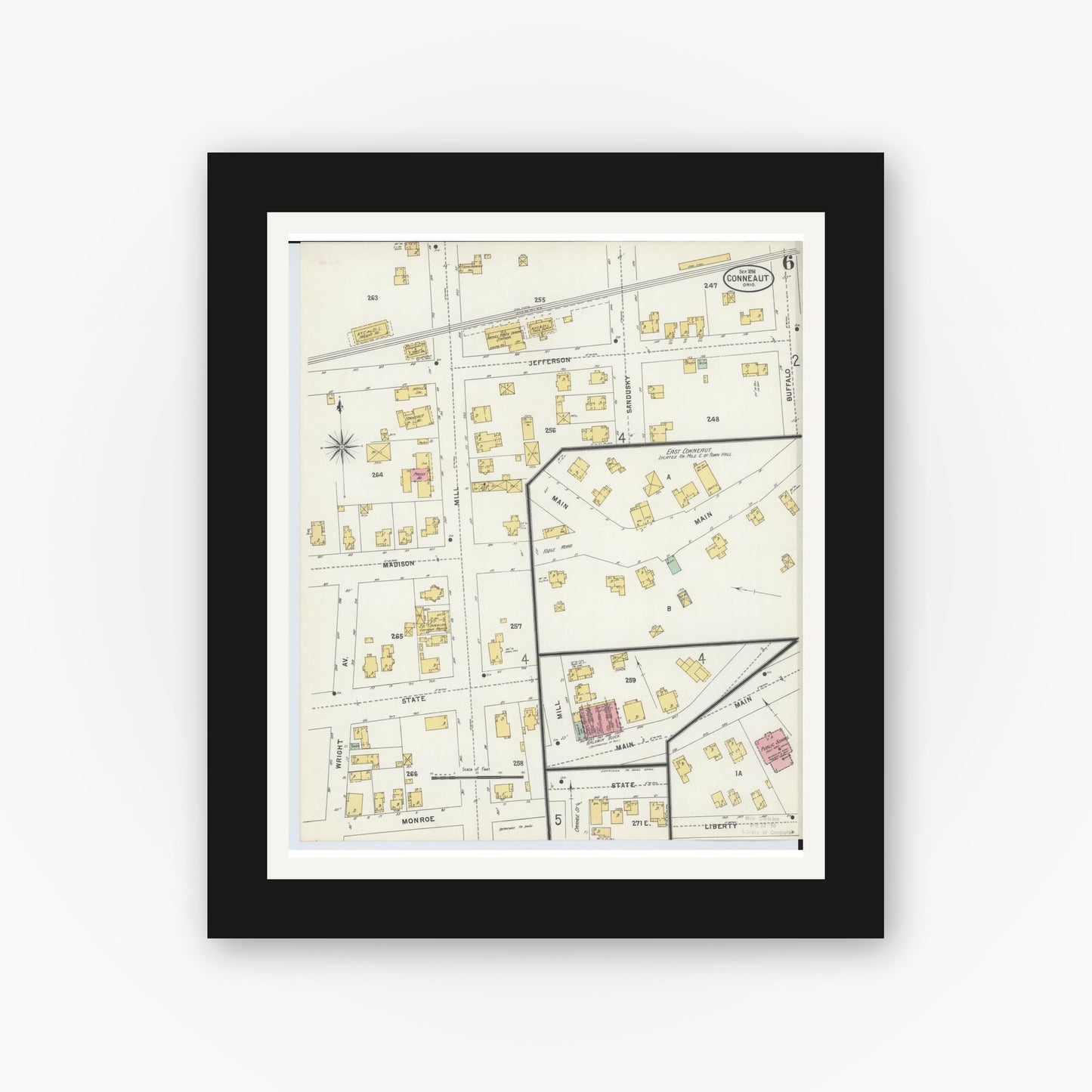 Old map wall art mockup — black gallery frame with white mat — Sanborn Fire Insurance Map from Conneaut, Ashtabula County, Ohio (1898), Sheet #0006