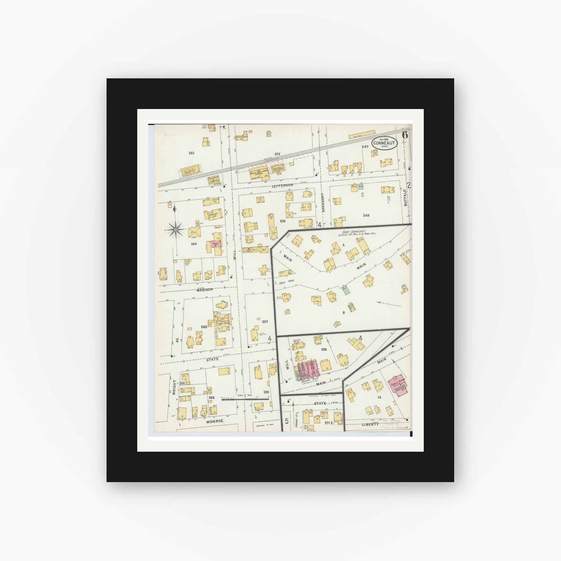 Old map wall art mockup — black gallery frame with white mat — Sanborn Fire Insurance Map from Conneaut, Ashtabula County, Ohio (1898), Sheet #0006