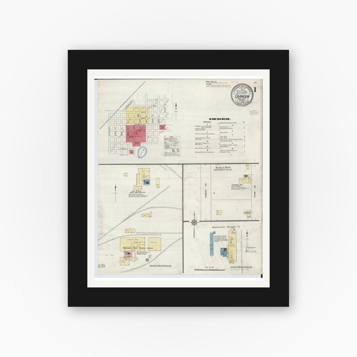 Old map wall art mockup — black gallery frame with white mat — Sanborn Fire Insurance Map from Crandon, Forest County, Wisconsin (1909) - Complete Map Set