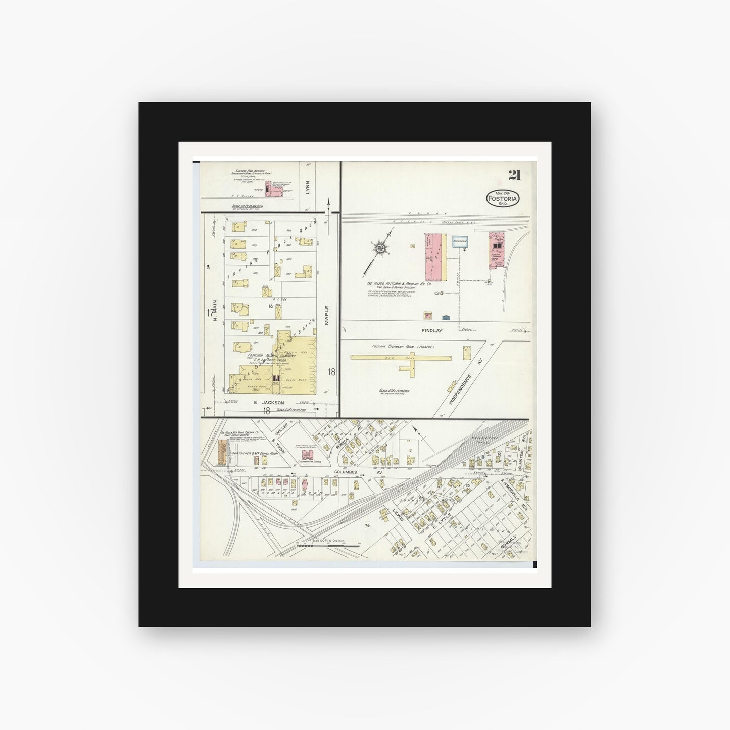 Old map wall art mockup — black gallery frame with white mat — Sanborn Fire Insurance Map from Fostoria, Seneca, Hancock, And Wood Counties, Ohio (1914), Sheet #0021