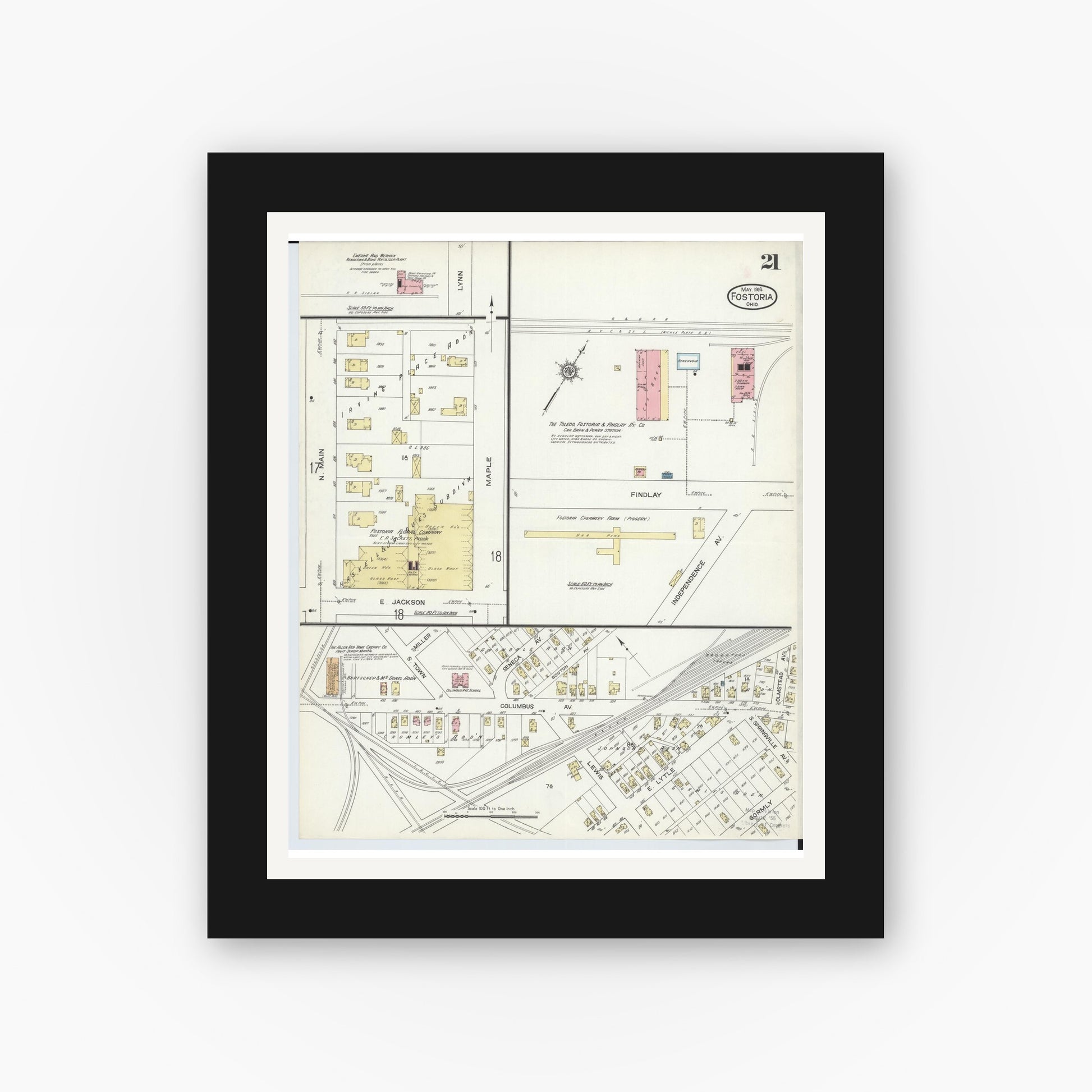 Old map wall art mockup — black gallery frame with white mat — Sanborn Fire Insurance Map from Fostoria, Seneca, Hancock, And Wood Counties, Ohio (1914), Sheet #0021