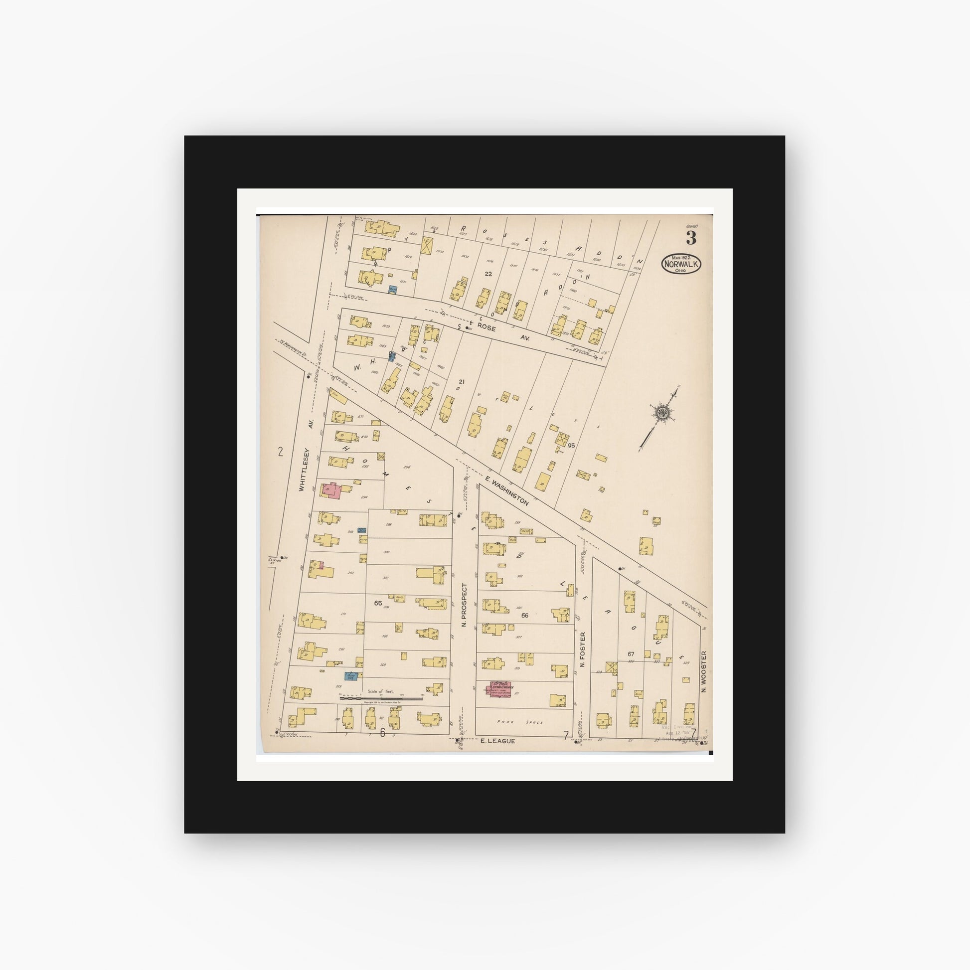 Old map wall art mockup — black gallery frame with white mat — Sanborn Fire Insurance Map from Norwalk, Huron County, Ohio (1922), Sheet #0003