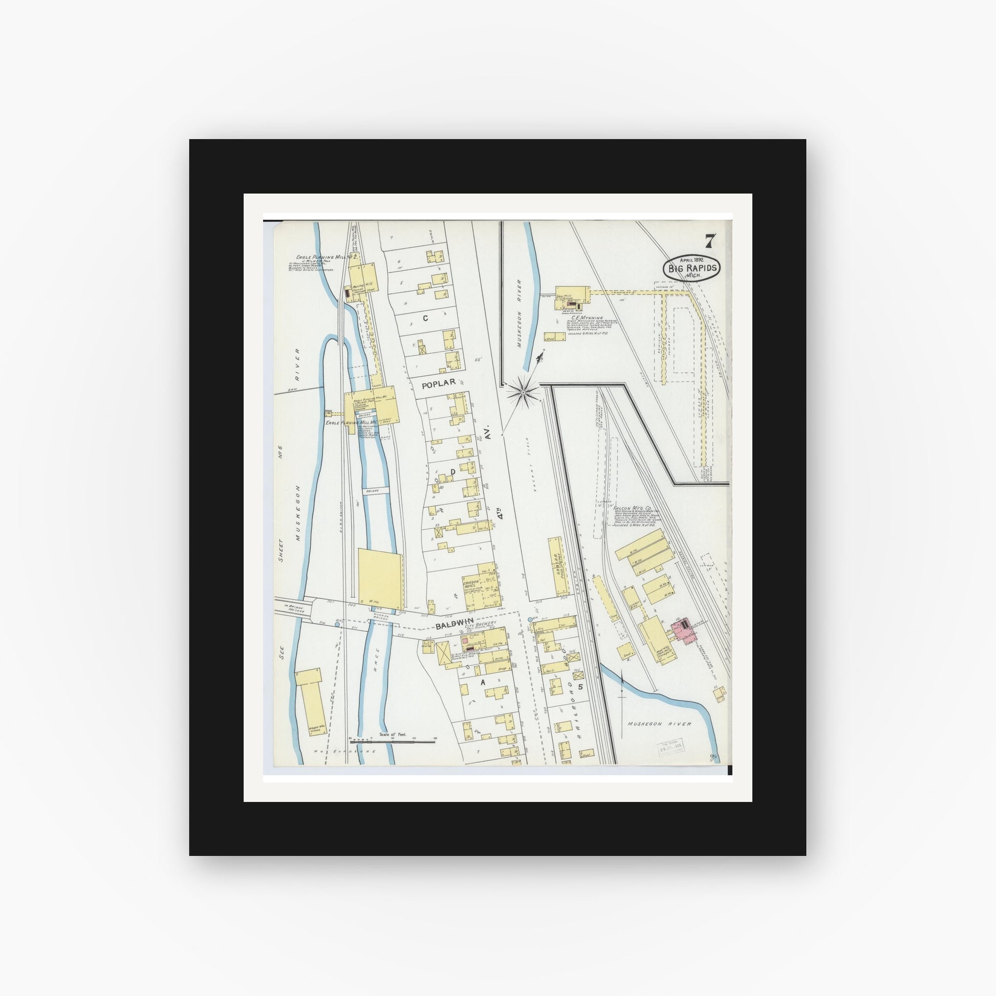 Old map wall art mockup — black gallery frame with white mat — Sanborn Fire Insurance Map from Big Rapids, Mecosta County, Michigan (1892), Sheet #0007