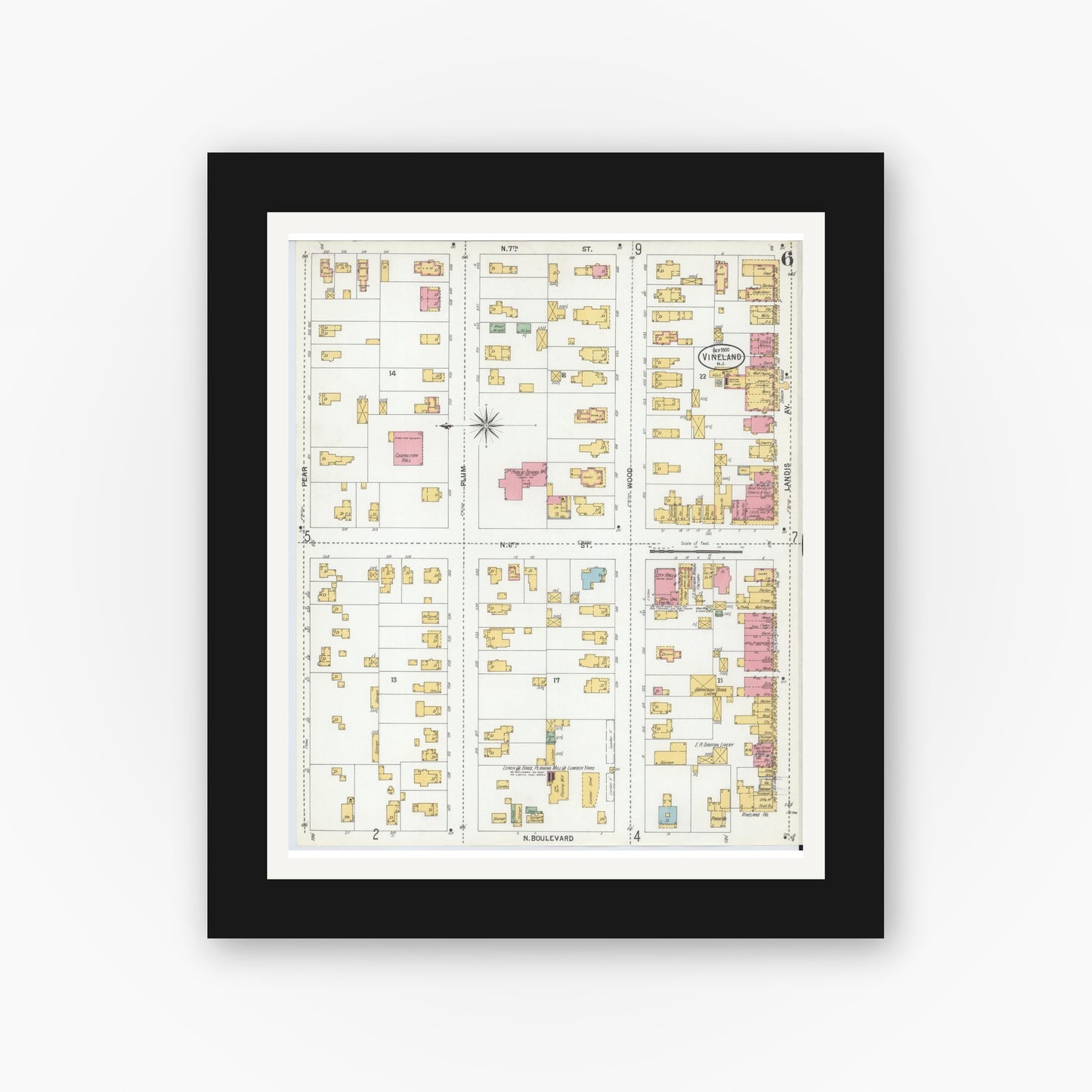 Old map wall art mockup — black gallery frame with white mat — Sanborn Fire Insurance Map from Vineland, Cumberland County, New Jersey (1900), Sheet #0006