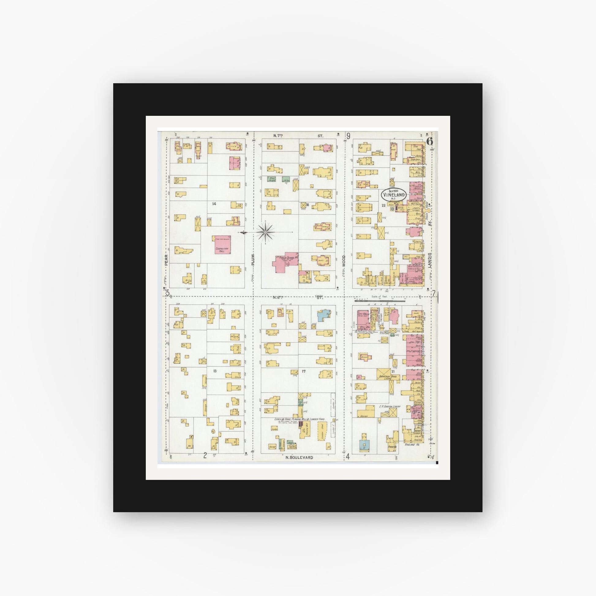 Old map wall art mockup — black gallery frame with white mat — Sanborn Fire Insurance Map from Vineland, Cumberland County, New Jersey (1900), Sheet #0006