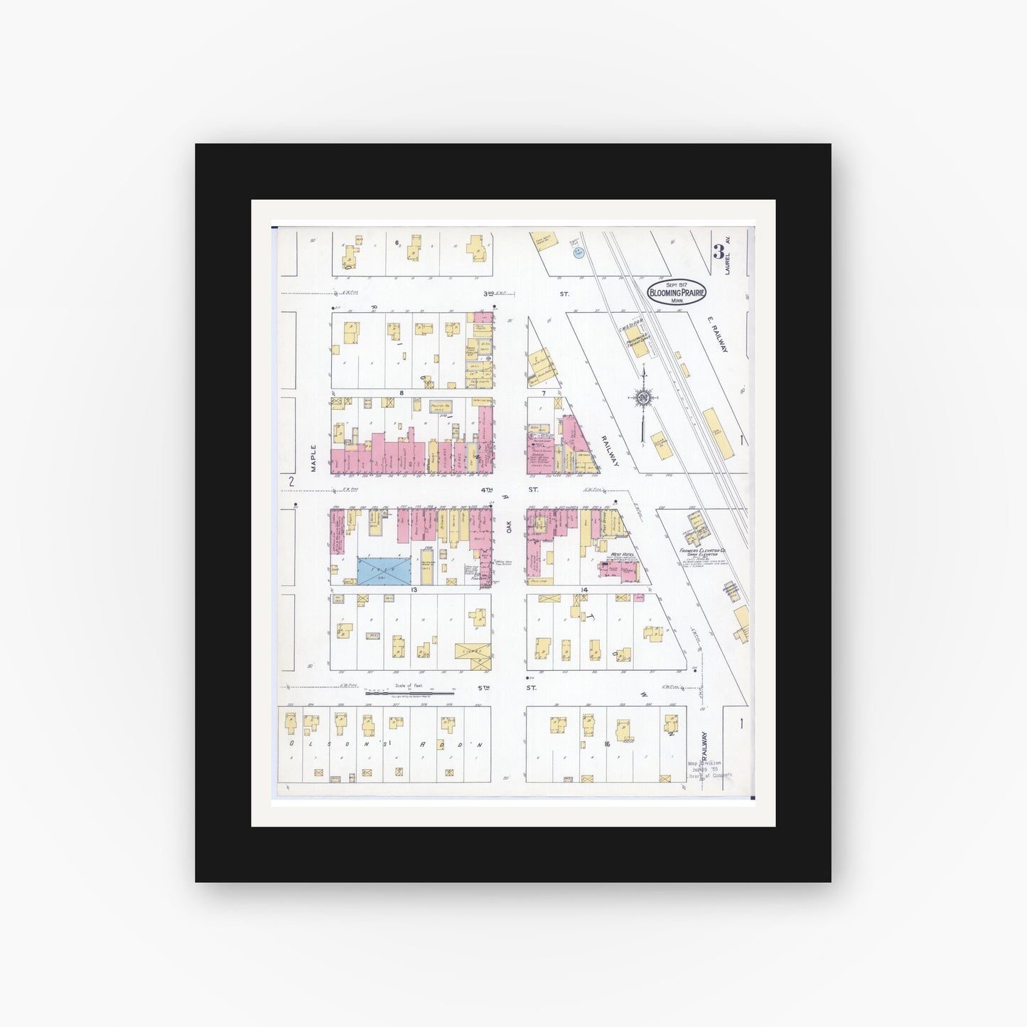 Old map wall art mockup — black gallery frame with white mat — Sanborn Fire Insurance Map from Blooming Prairie, Steele County, Minnesota (1917), Sheet #0003