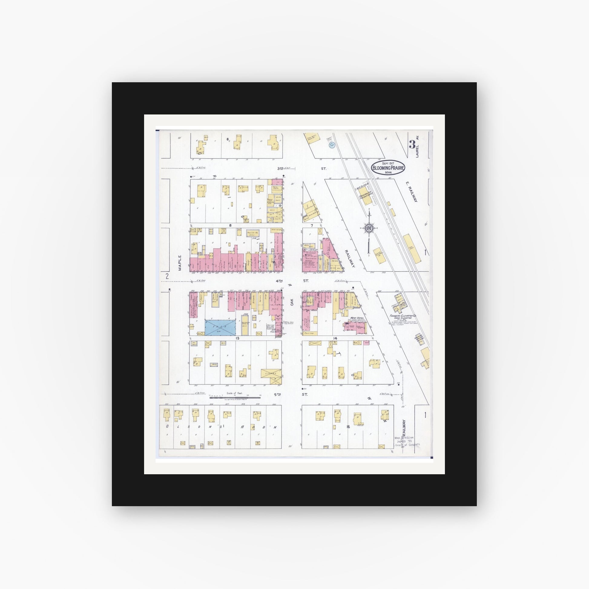 Old map wall art mockup — black gallery frame with white mat — Sanborn Fire Insurance Map from Blooming Prairie, Steele County, Minnesota (1917), Sheet #0003