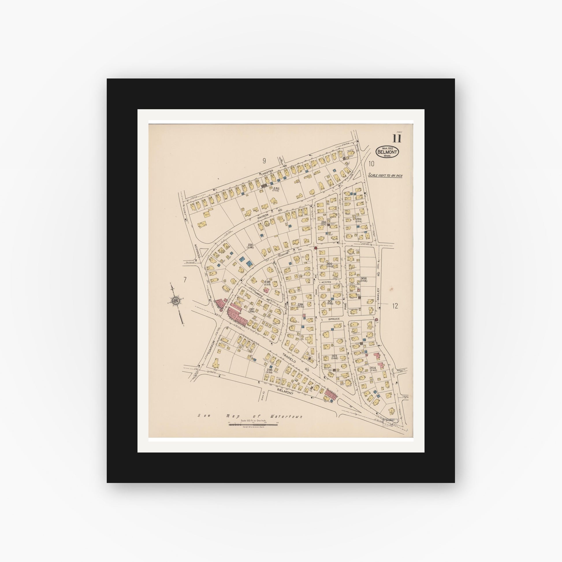 Old map wall art mockup — black gallery frame with white mat — Sanborn Fire Insurance Map from Belmont, Middlesex County, Massachusetts (1922), Sheet #0011