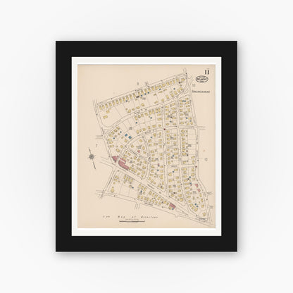 Old map wall art mockup — black gallery frame with white mat — Sanborn Fire Insurance Map from Belmont, Middlesex County, Massachusetts (1922), Sheet #0011