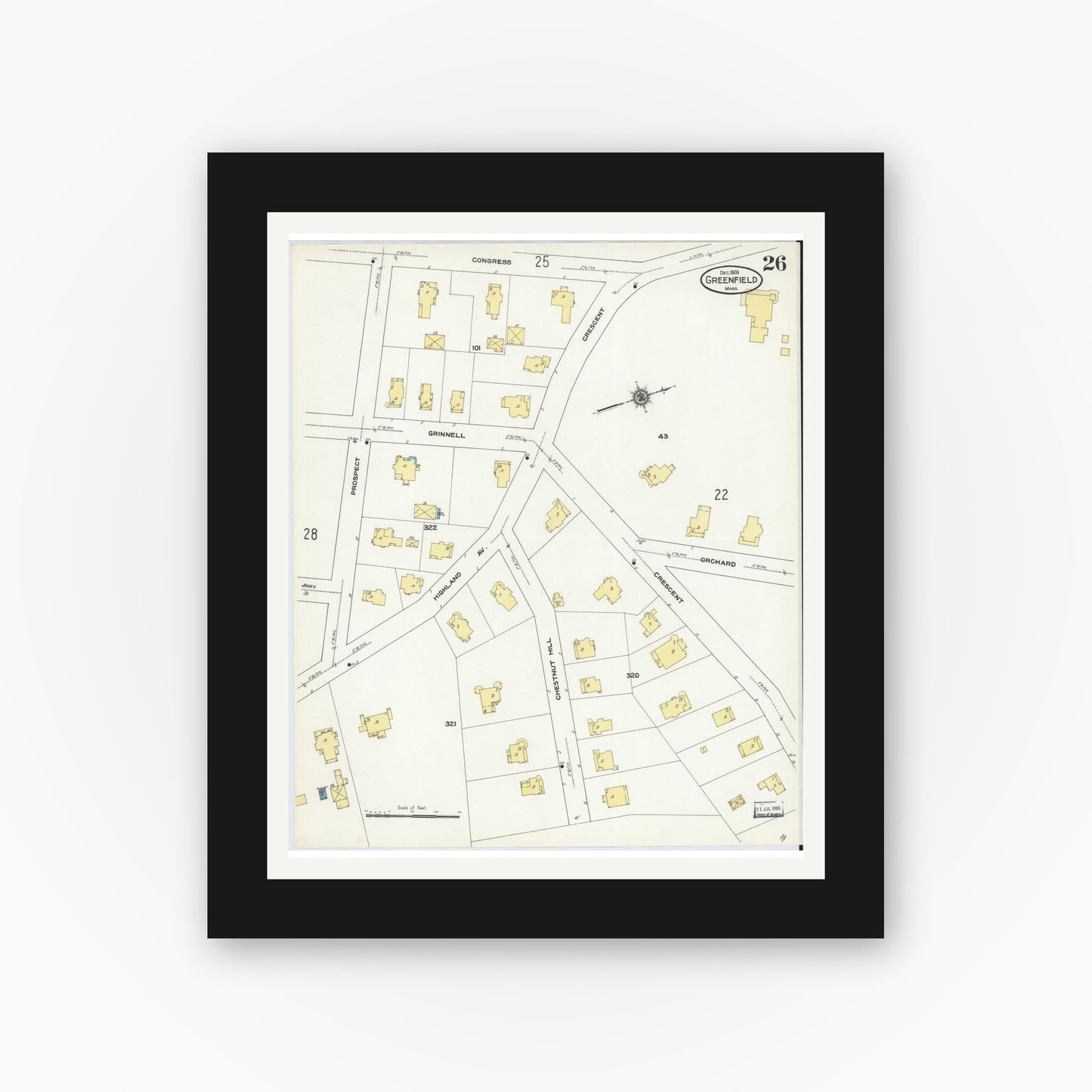 Old map wall art mockup — black gallery frame with white mat — Sanborn Fire Insurance Map from Greenfield, Franklin County, Massachusetts (1909), Sheet #0026