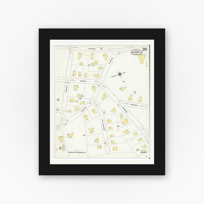 Old map wall art mockup — black gallery frame with white mat — Sanborn Fire Insurance Map from Greenfield, Franklin County, Massachusetts (1909), Sheet #0026
