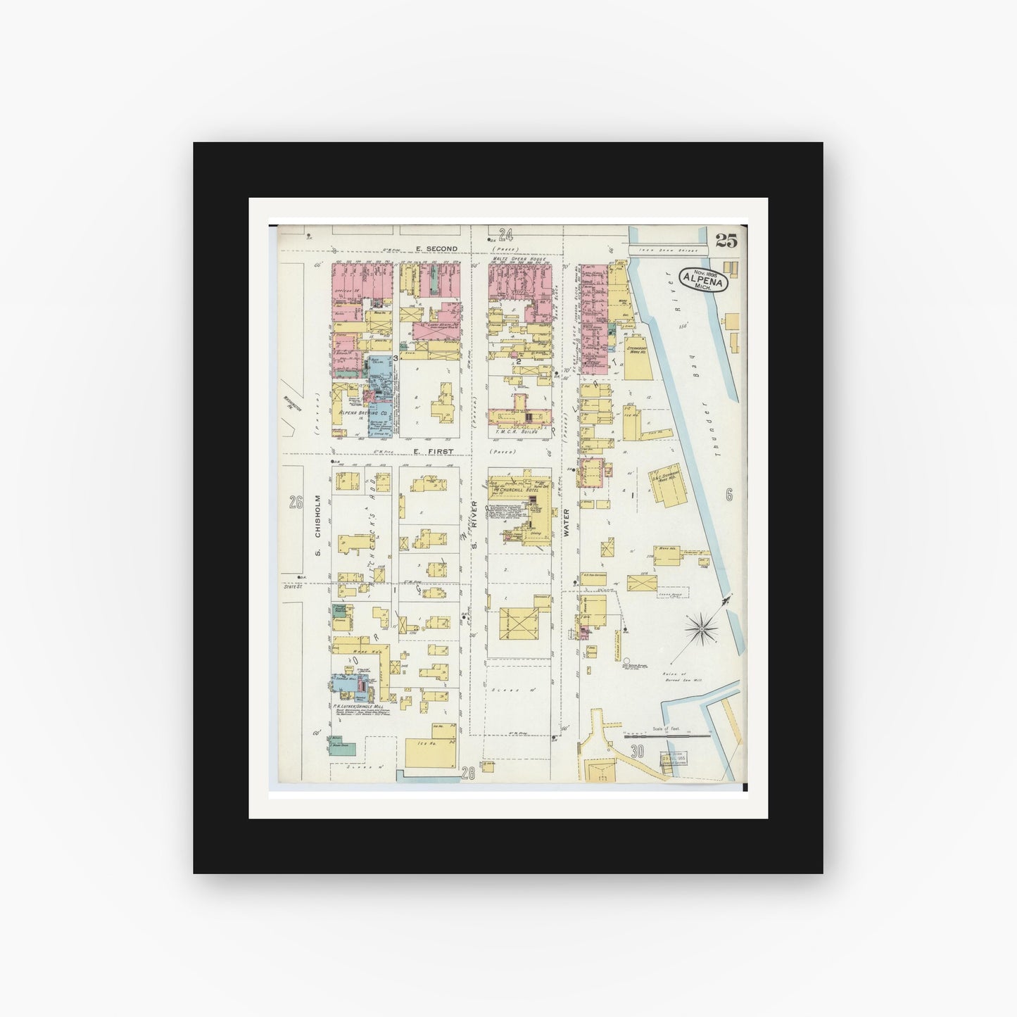 Old map wall art mockup — black gallery frame with white mat — Sanborn Fire Insurance Map from Alpena, Alpena County, Michigan (1895), Sheet #0025