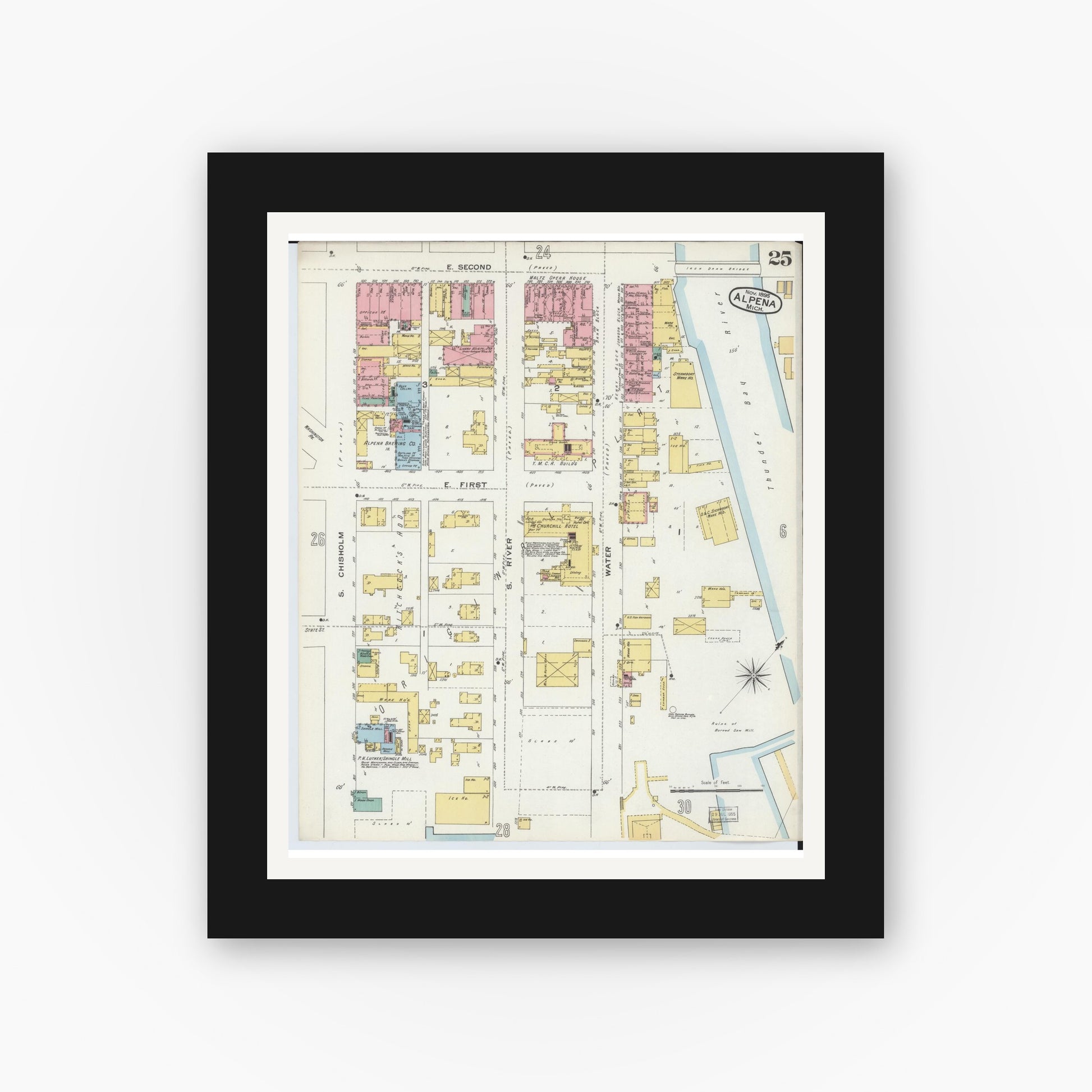 Old map wall art mockup — black gallery frame with white mat — Sanborn Fire Insurance Map from Alpena, Alpena County, Michigan (1895), Sheet #0025