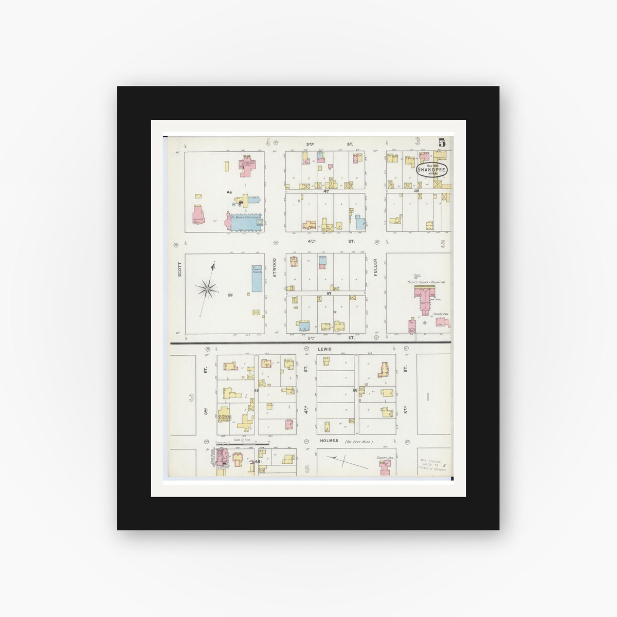 Old map wall art mockup — black gallery frame with white mat — Sanborn Fire Insurance Map from Shakopee, Scott County, Minnesota (1895), Sheet #0005