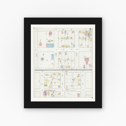 Old map wall art mockup — black gallery frame with white mat — Sanborn Fire Insurance Map from Shakopee, Scott County, Minnesota (1895), Sheet #0005