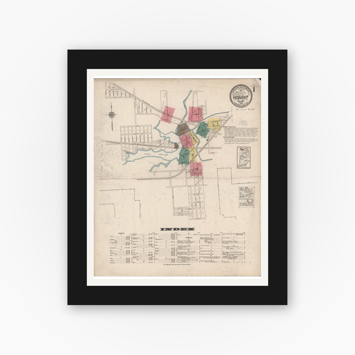 Old map wall art mockup — black gallery frame with white mat — Sanborn Fire Insurance Map from Hobart, Lake County, Indiana (1922) - Complete Map Set