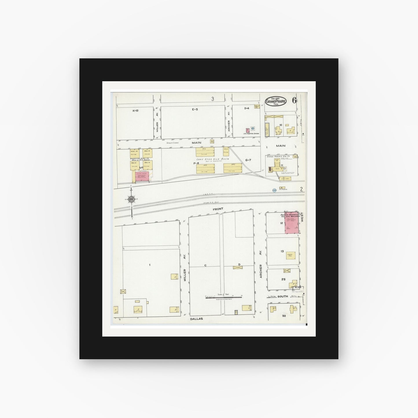 Old map wall art mockup — black gallery frame with white mat — Sanborn Fire Insurance Map from Grand Prairie, Dallas County, Texas (1920), Sheet #0006