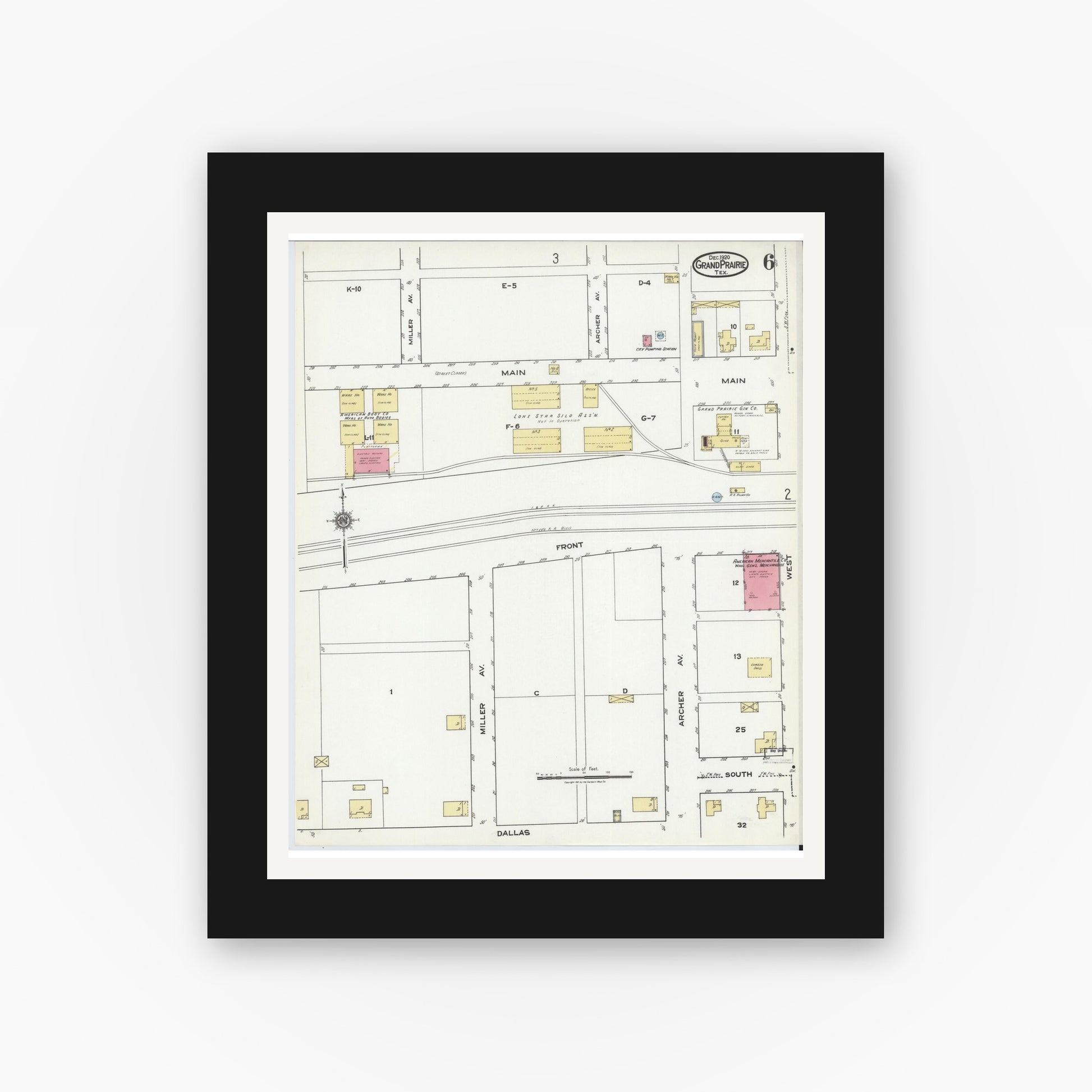 Old map wall art mockup — black gallery frame with white mat — Sanborn Fire Insurance Map from Grand Prairie, Dallas County, Texas (1920), Sheet #0006