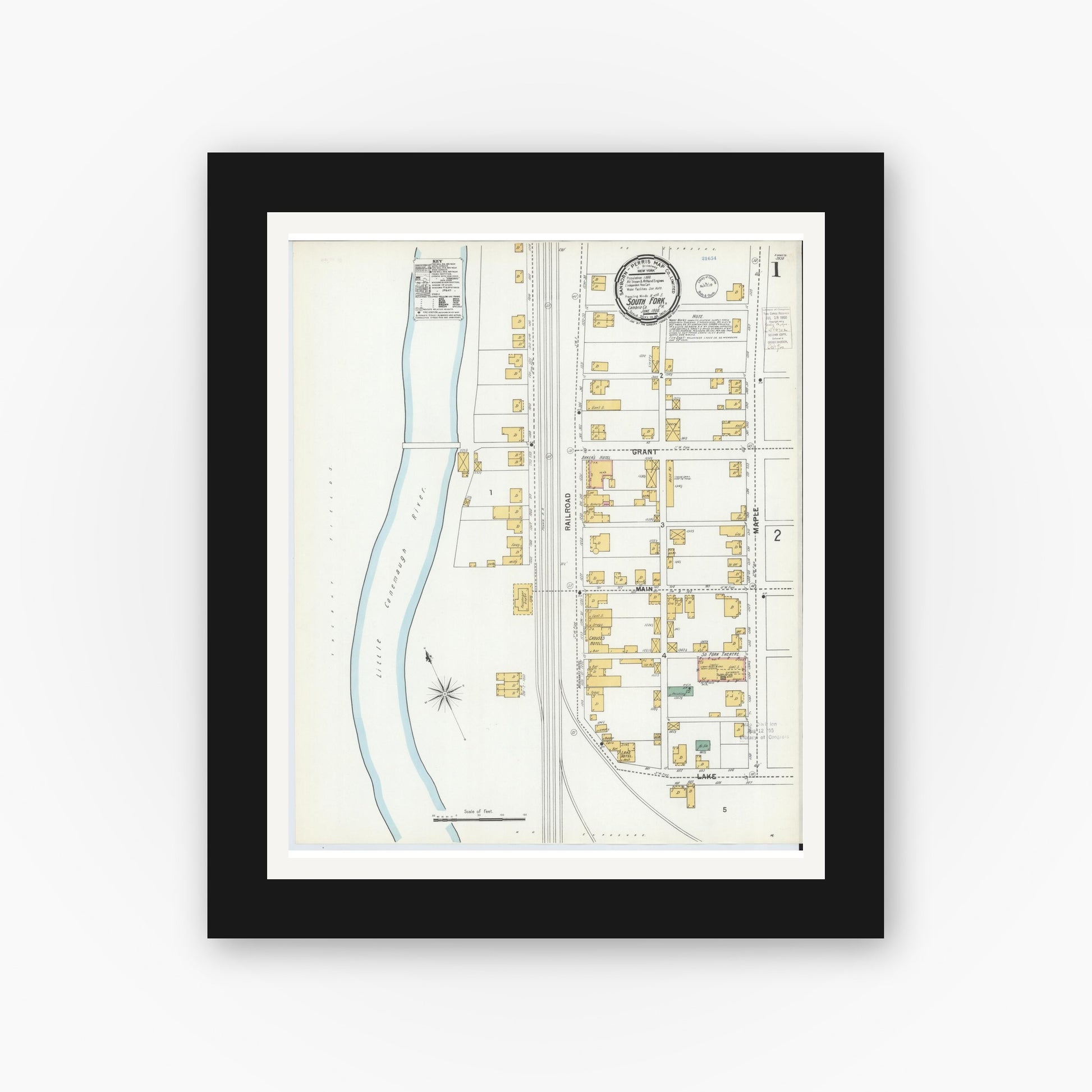 Old map wall art mockup — black gallery frame with white mat — Sanborn Fire Insurance Map from South Fork, Cambria County, Pennsylvania (1900) - Complete Map Set