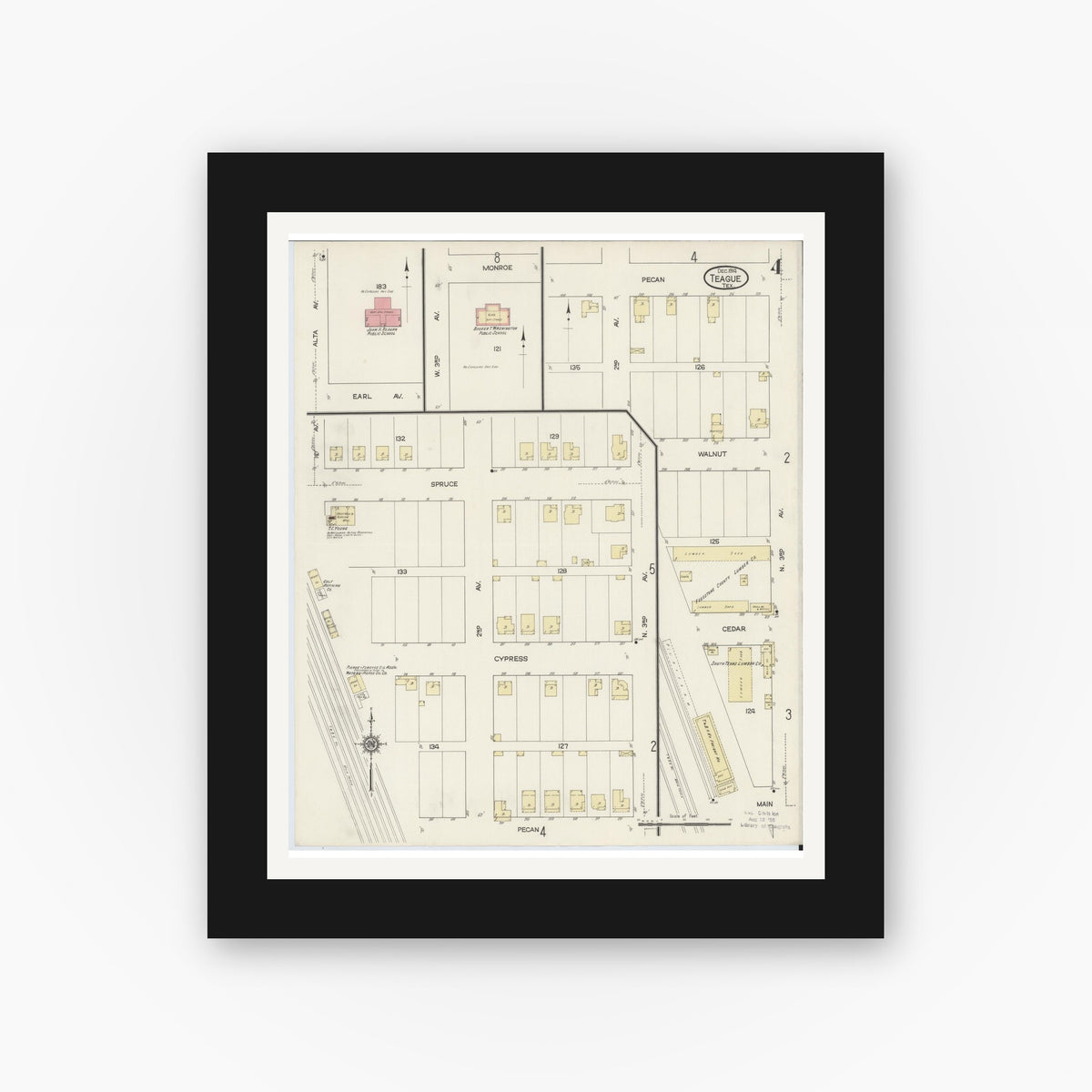 Old map wall art mockup — black gallery frame with white mat — Sanborn Fire Insurance Map from Teague, Freestone County, Texas (1914), Sheet #0004