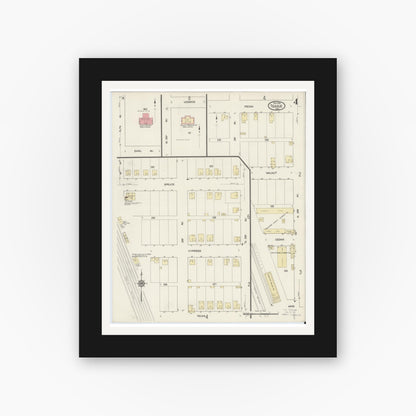 Old map wall art mockup — black gallery frame with white mat — Sanborn Fire Insurance Map from Teague, Freestone County, Texas (1914), Sheet #0004