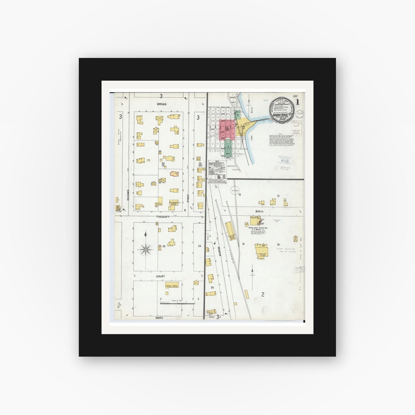 Old map wall art mockup — black gallery frame with white mat — Sanborn Fire Insurance Map from Harbor Beach, Huron County, Michigan (1900) - Complete Map Set