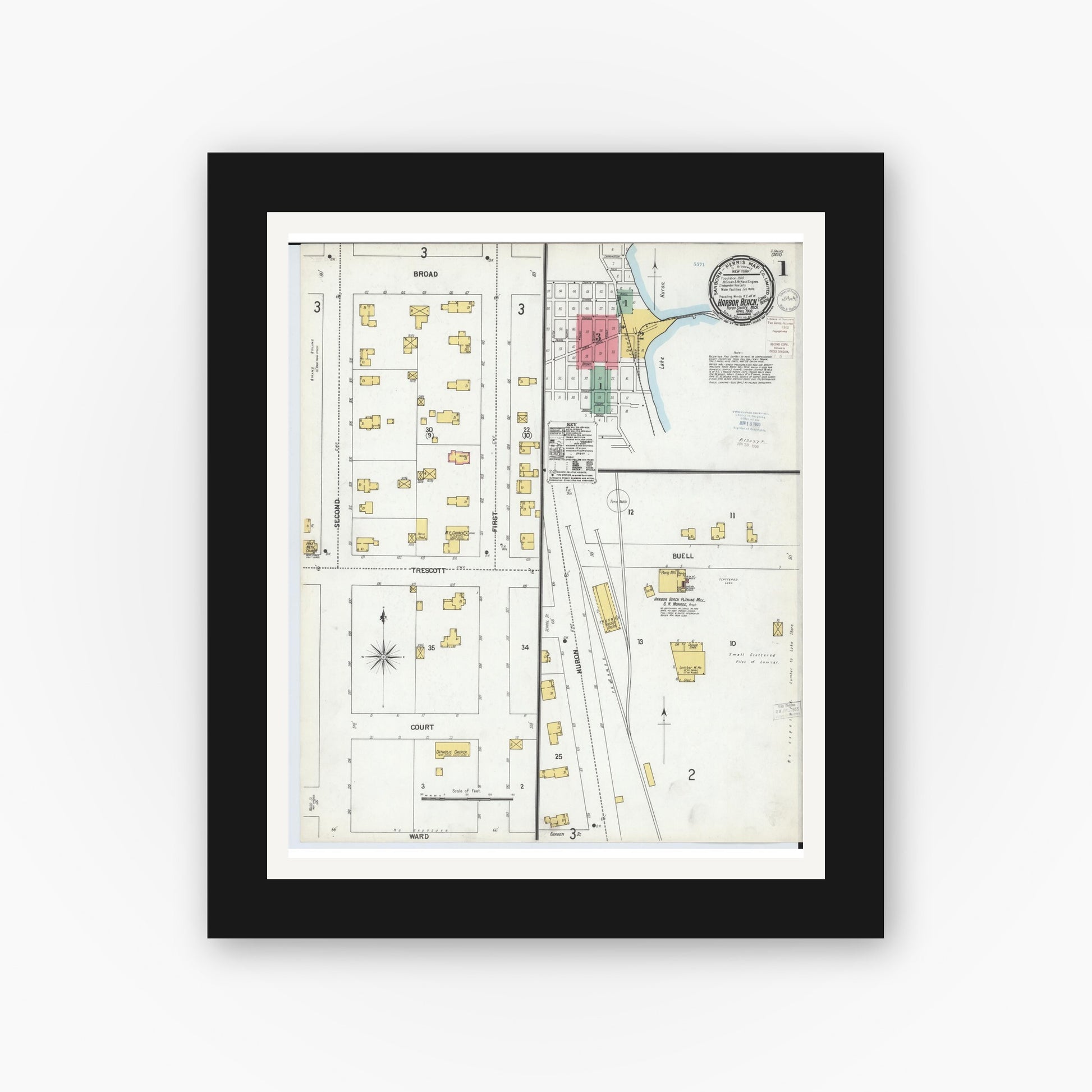 Old map wall art mockup — black gallery frame with white mat — Sanborn Fire Insurance Map from Harbor Beach, Huron County, Michigan (1900) - Complete Map Set