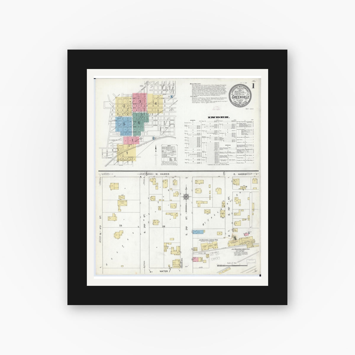 Old map wall art mockup — black gallery frame with white mat — Sanborn Fire Insurance Map from Greenville, Bond County, Illinois (1912) - Complete Map Set