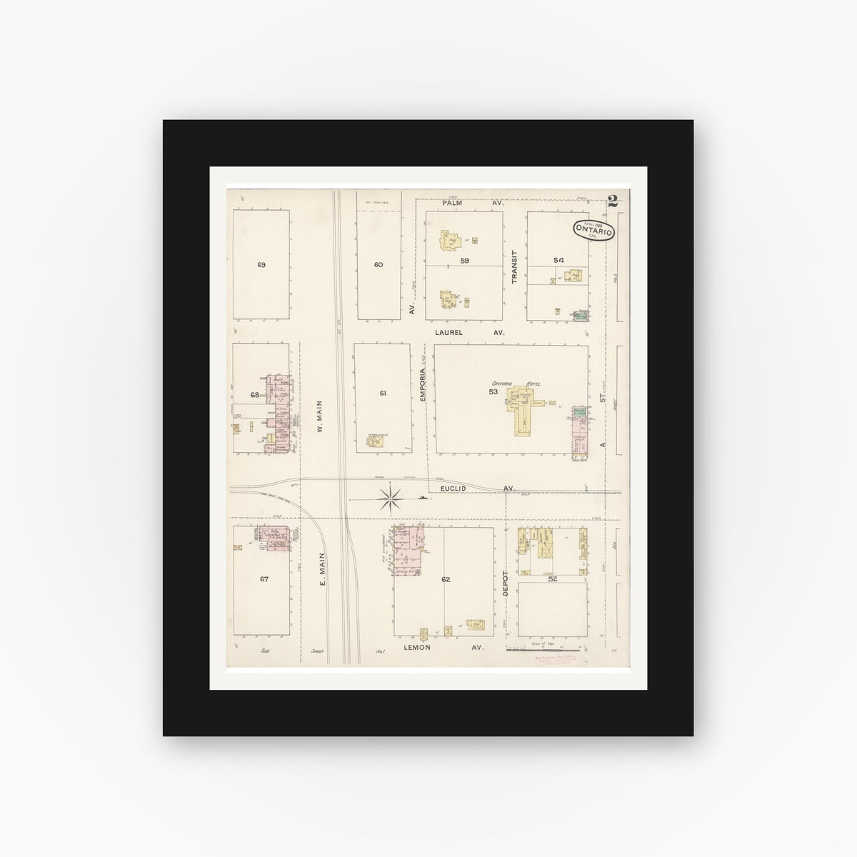 Old map wall art mockup — black gallery frame with white mat — Sanborn Fire Insurance Map from Ontario, San Bernardino County, California (1888), Sheet #0002