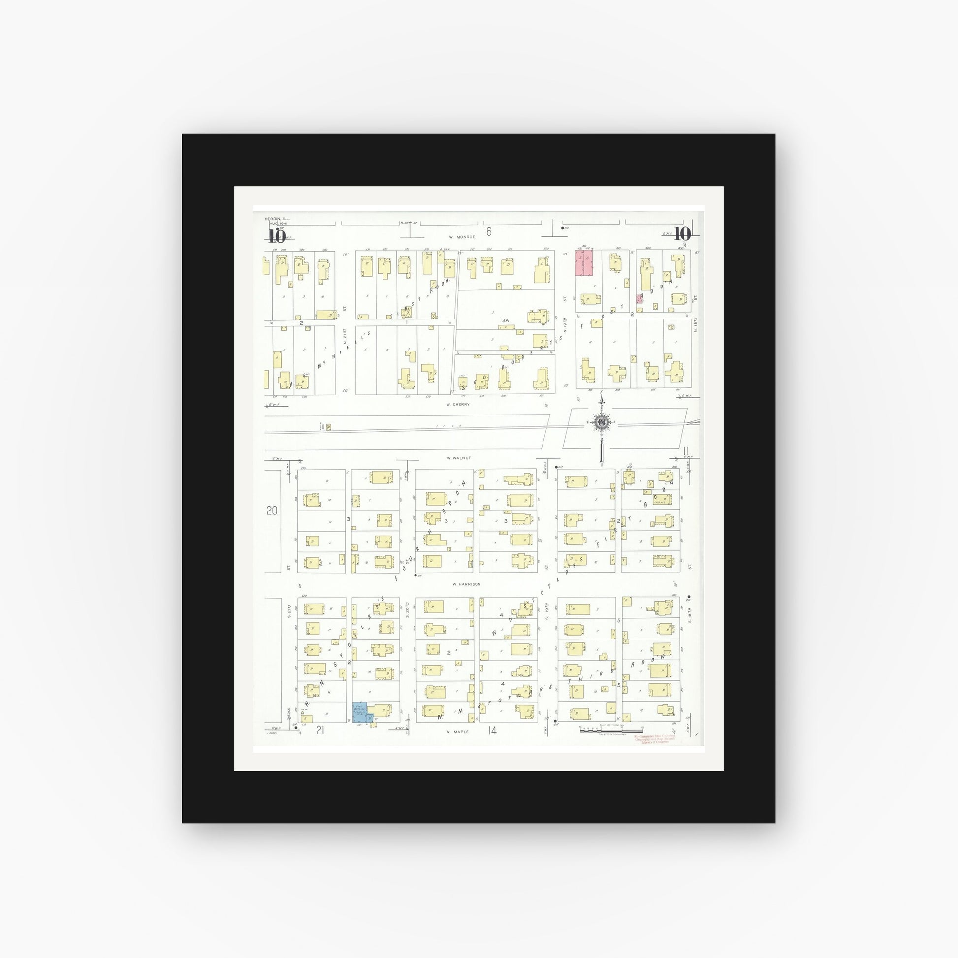 Old map wall art mockup — black gallery frame with white mat — Sanborn Fire Insurance Map from Herrin, Williamson County, Illinois (1941), Sheet #0010