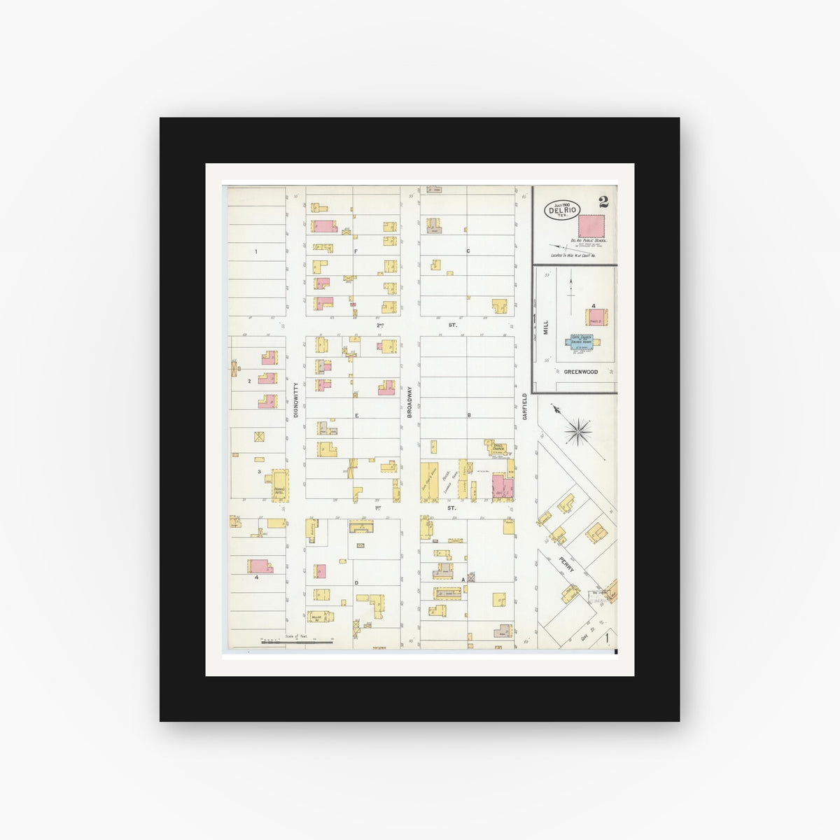 Old map wall art mockup — black gallery frame with white mat — Sanborn Fire Insurance Map from Del Rio, Val Verde County, Texas (1900), Sheet #0002
