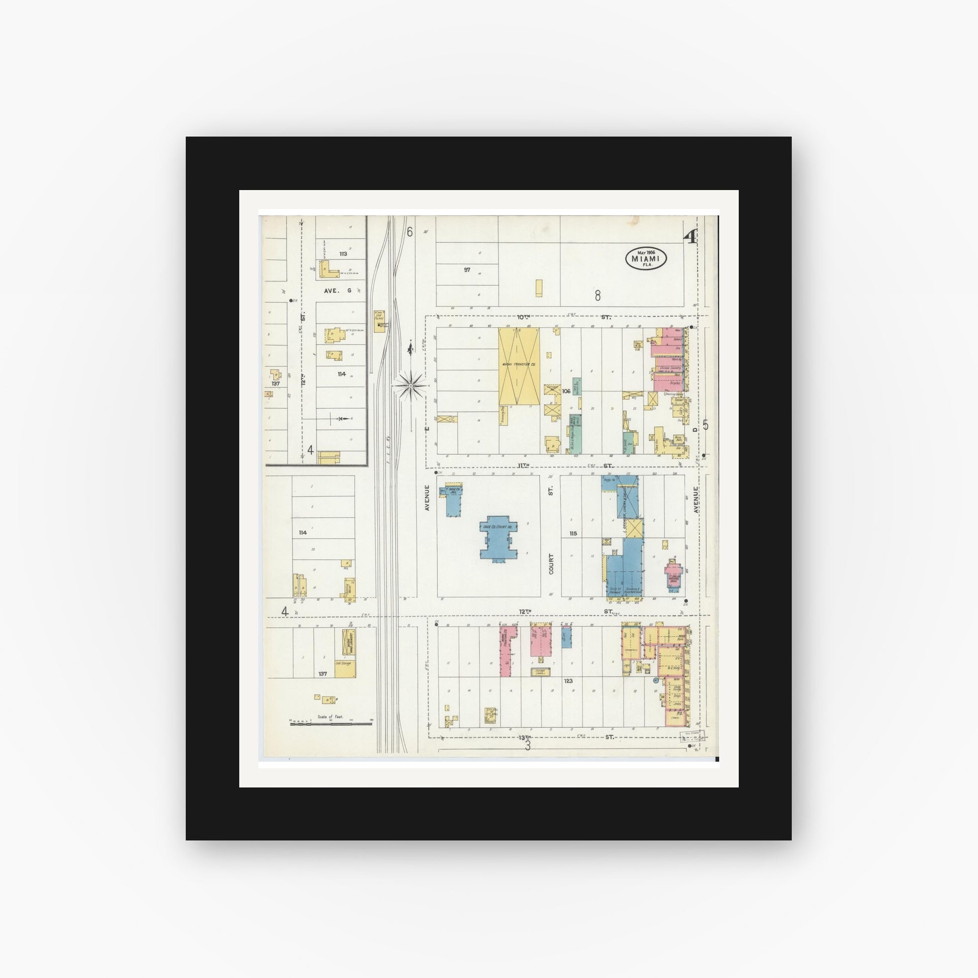 Old map wall art mockup — black gallery frame with white mat — Sanborn Fire Insurance Map from Miami, Dade County, Florida (1906), Sheet #0004