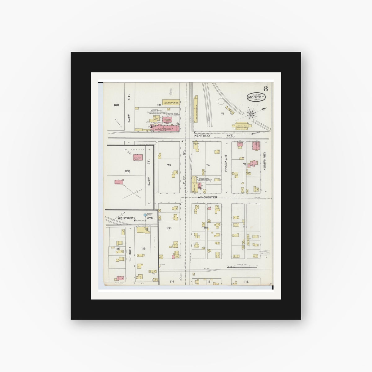 Old map wall art mockup — black gallery frame with white mat — Sanborn Fire Insurance Map from Monroe, Monroe County, Michigan (1893), Sheet #0008